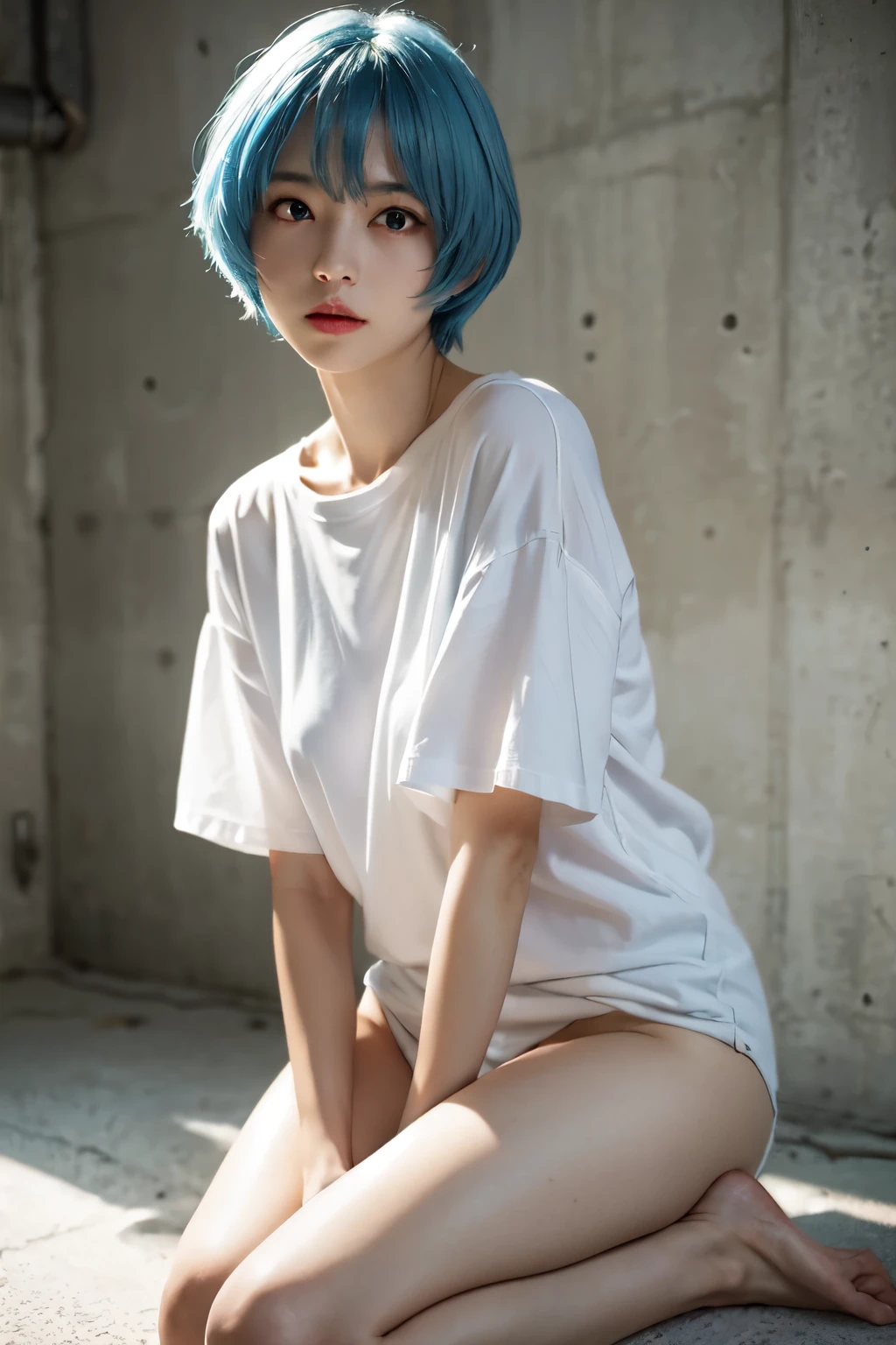 （In 8K, best quality, muste piece:1.2)、ultra high resolution,1 18-year-old woman,realistic pictures,super detailed face,detailed eyes,(red eyes:1.5),pink lips,expressionless,upward glance,BREAK,light blue hair,short hair,Rei Ayanami,low length,（white Y shirt, naked shirt,large shirts,bottomless),BREAK,moody lighting,detailed hand fingers,hand between legs,(gray concrete room),（pipes in the ceiling）