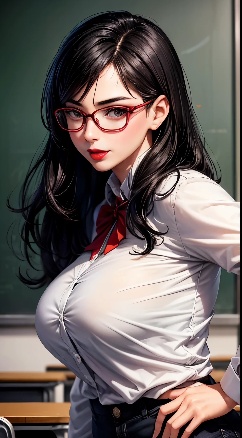 Woman, 30 years, adult, black hair, sexy teacher in classroom, glasses, red lips, nigth, soft ligth, face detail, from side, fingers --style realistic-imagine -