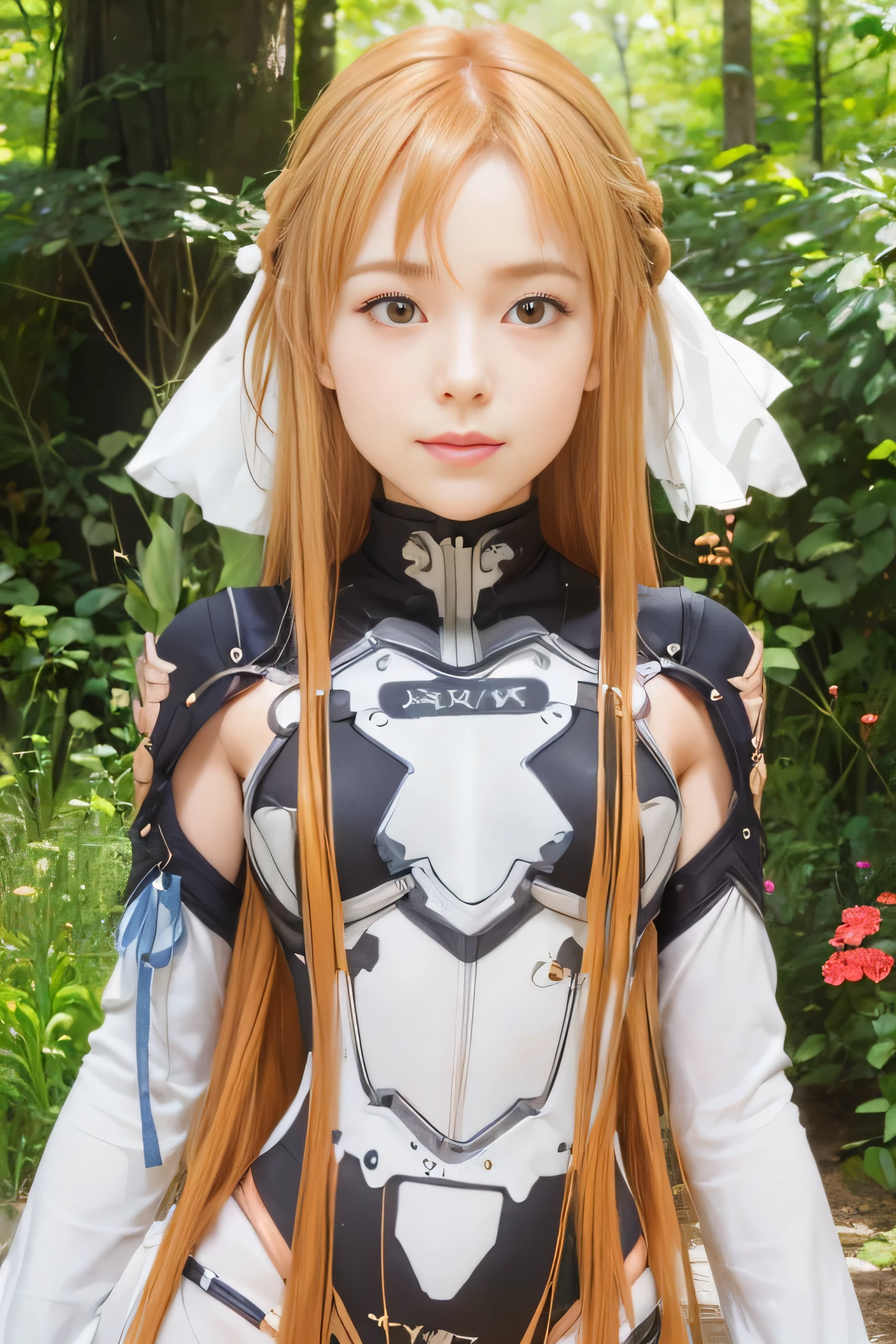 masterpiece, best quality, (realistic,photo-realistic:1.4), (RAW photo:1.2), extremely detailed CG unity 8k wallpaper, delicate and beautiful, amazing,finely detail, official art, absurdres, incredibly absurdres, huge filesize, ultra-detailed,extremely detailed eyes and face,light on face,(little smile),asuna yuuki,(caramel hair:1.4),long hair,(wearing bodysuit:1.6),outdoor,hair ornament