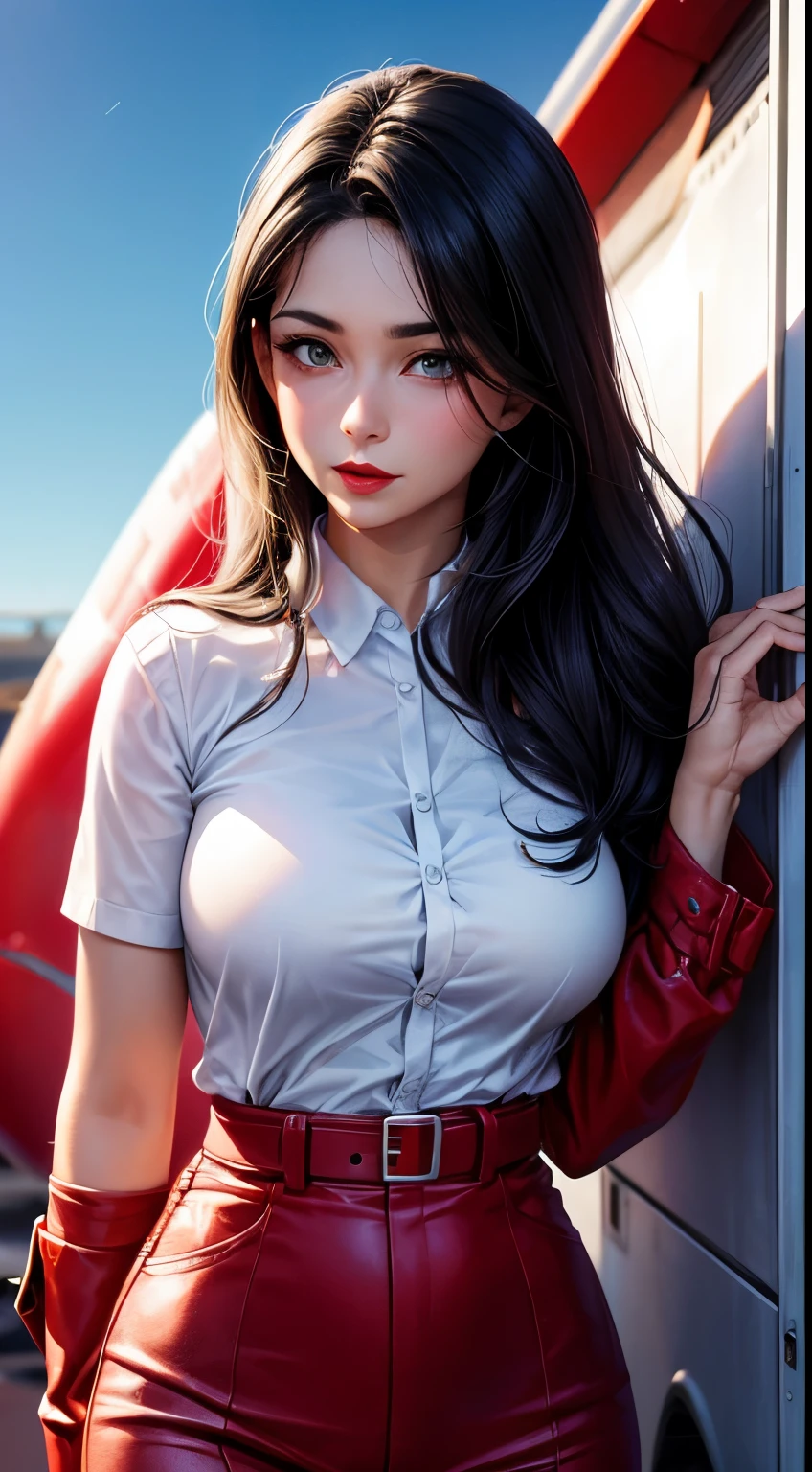 Woman, 30 years, adult, black hair, sexy airplane pilot, red lips, nigth, soft ligth, face detail, from above, fingers --style realistic-imagine -