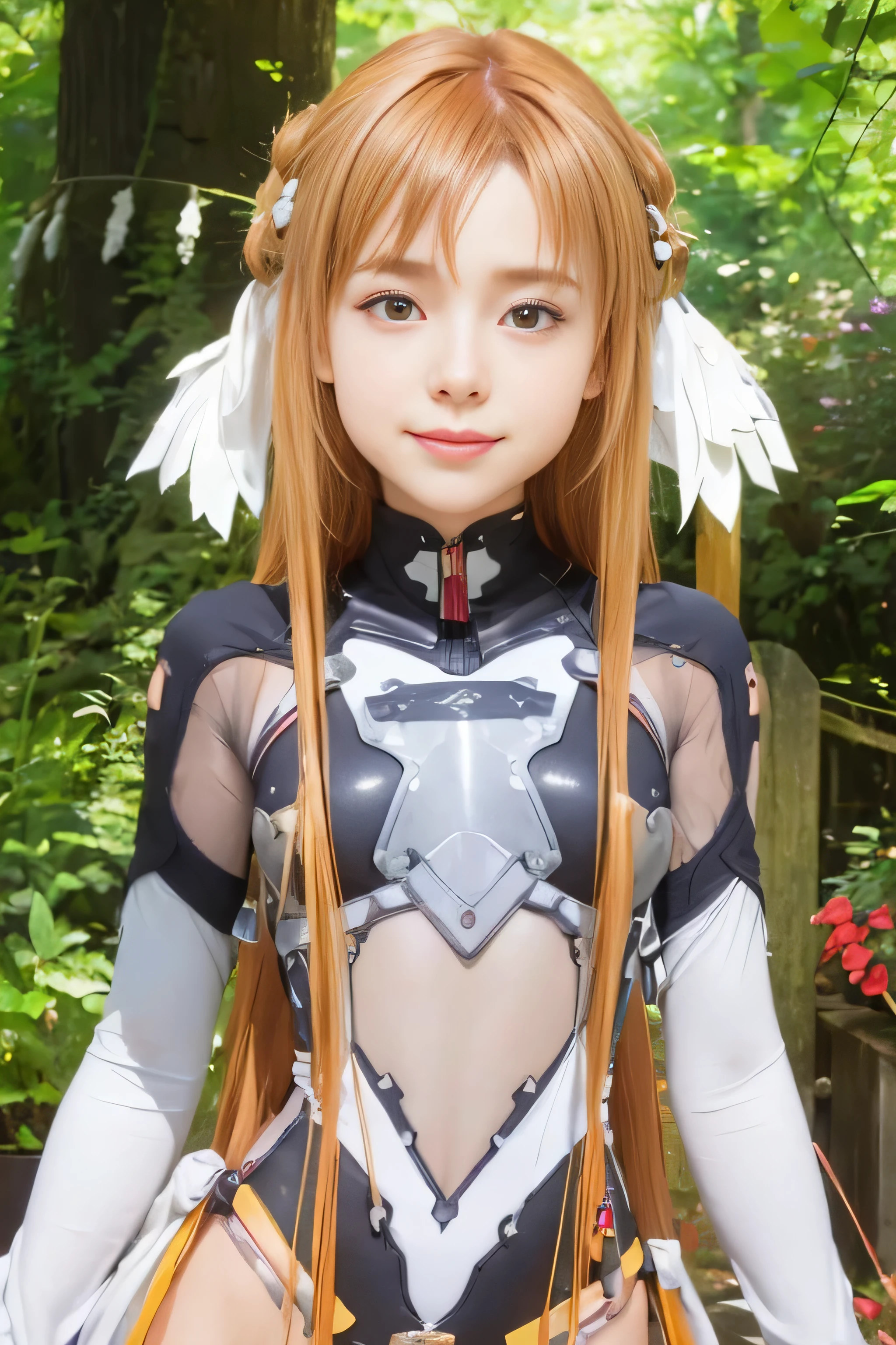 masterpiece, best quality, (realistic,photo-realistic:1.4), (RAW photo:1.2), extremely detailed CG unity 8k wallpaper, delicate and beautiful, amazing,finely detail, official art, absurdres, incredibly absurdres, huge filesize, ultra-detailed,extremely detailed eyes and face,light on face,(little smile),asuna yuuki,(caramel hair:1.4),long hair,(wearing bodysuit:1.6),outdoor,hair ornament