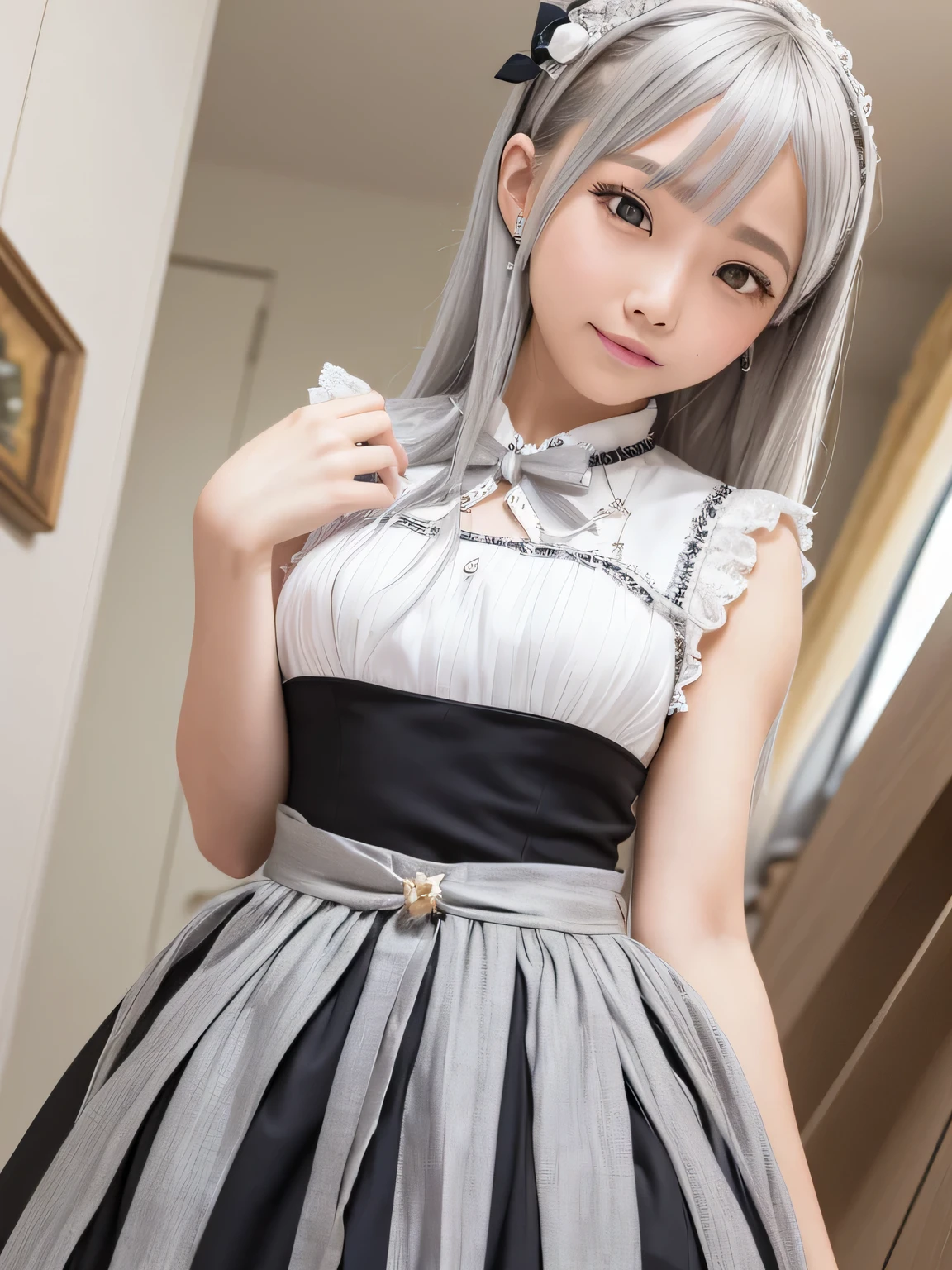 mini skirt、hair ornaments、whole body、Photo taken from below、one beautiful maid、(((silver hair)))、indoor