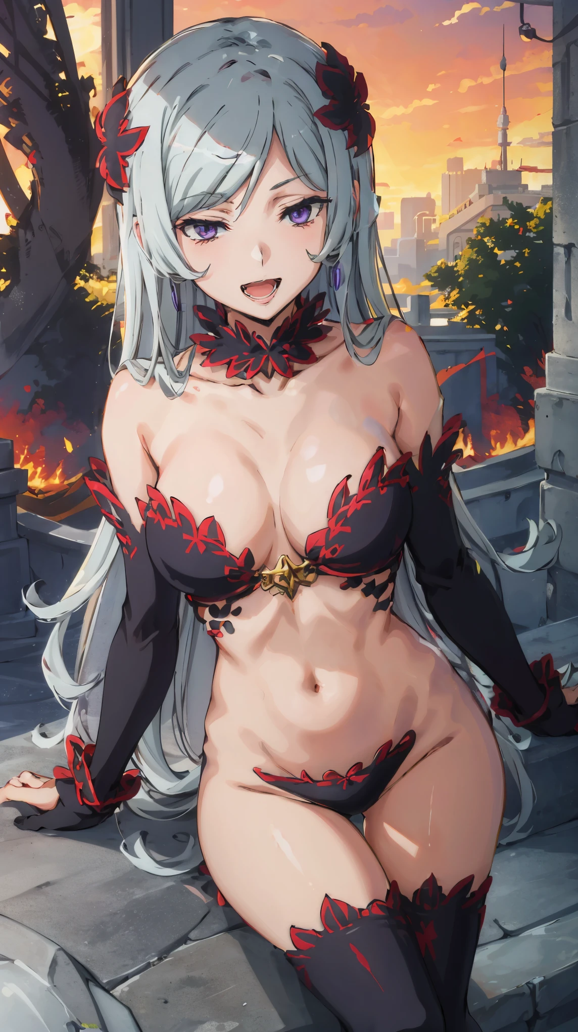 tall body, tall, long legs, mature female, mature, adult, eft_danmachi_freya, 1girl, breasts, solo, long hair, purple eyes, anime coloring, hair ornament, open mouth, cleavage, bare shoulders, medium breasts, collarbone, smile, grey hair, ((((domination, dominant, bdsm, dominatrix))))