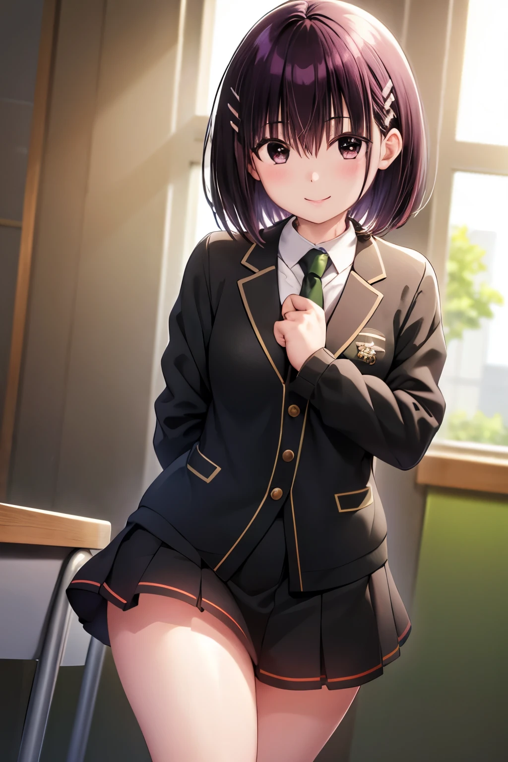 masterpiece, highest quality, disorganized, perfect anatomy, 1 girl, alone, canada suzu, short hair, hair clip, school uniform, black skirt, black jacket, dress shirt, green necktie, classroom, smile, 