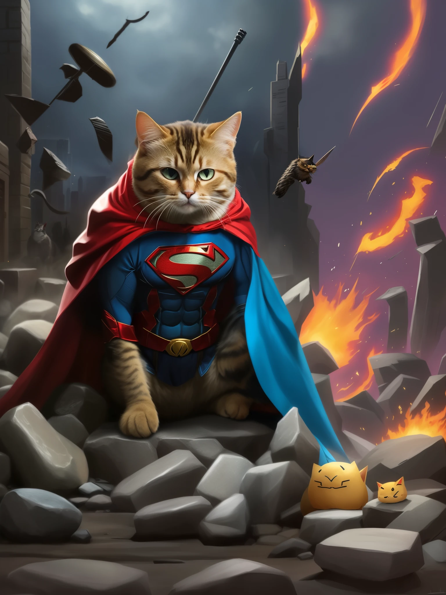 Super homen cat in a cape and caped outfit sitting on a pile of rocks, cat - Super homen, fat cat superhero, superhero with cat head, anthropomorphic cat, superhero portrait, guerreiro gato, a ferret as Super homen, awesome cat, superhero art, ready anthropomorphic, gato blindado, gato ciborgue, Super homen, super math wizard cat