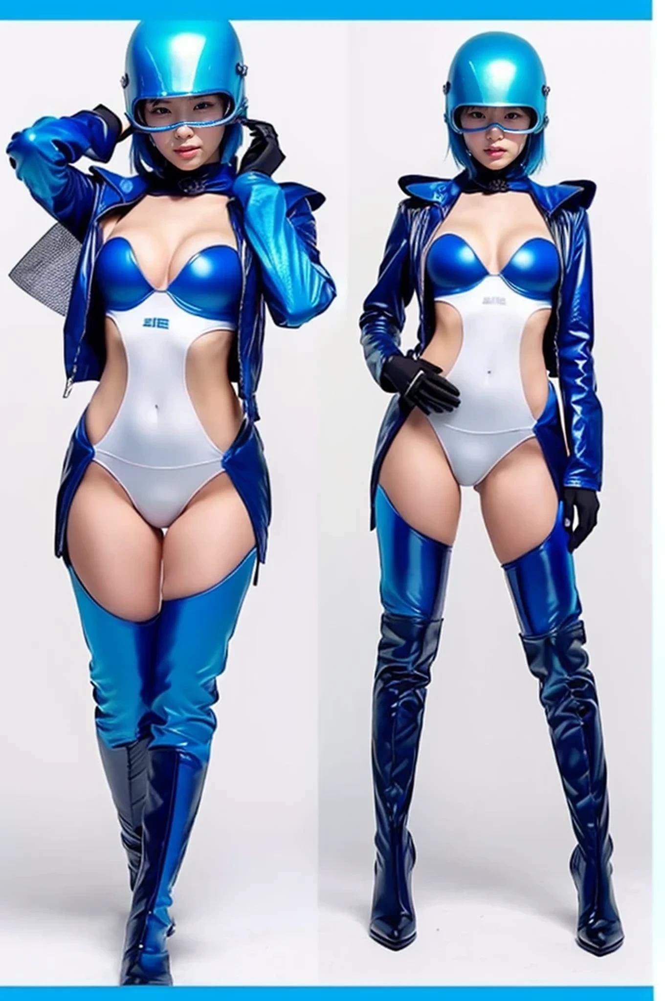 (masterpiece, highest quality, highest resolution, clear_image, Detailed details): (alone,  girl, Japanese face, blue hair girl, shortcut, full body figure, small size breasts, Glowing blue colored eyes, Pilot suit in metallic white and blue color, tight-fitting clothes, clothes that cover the whole body, beauty, because I&#39;thin, exoskeleton, sexy pose, heroine, full face helmet, knee boots)