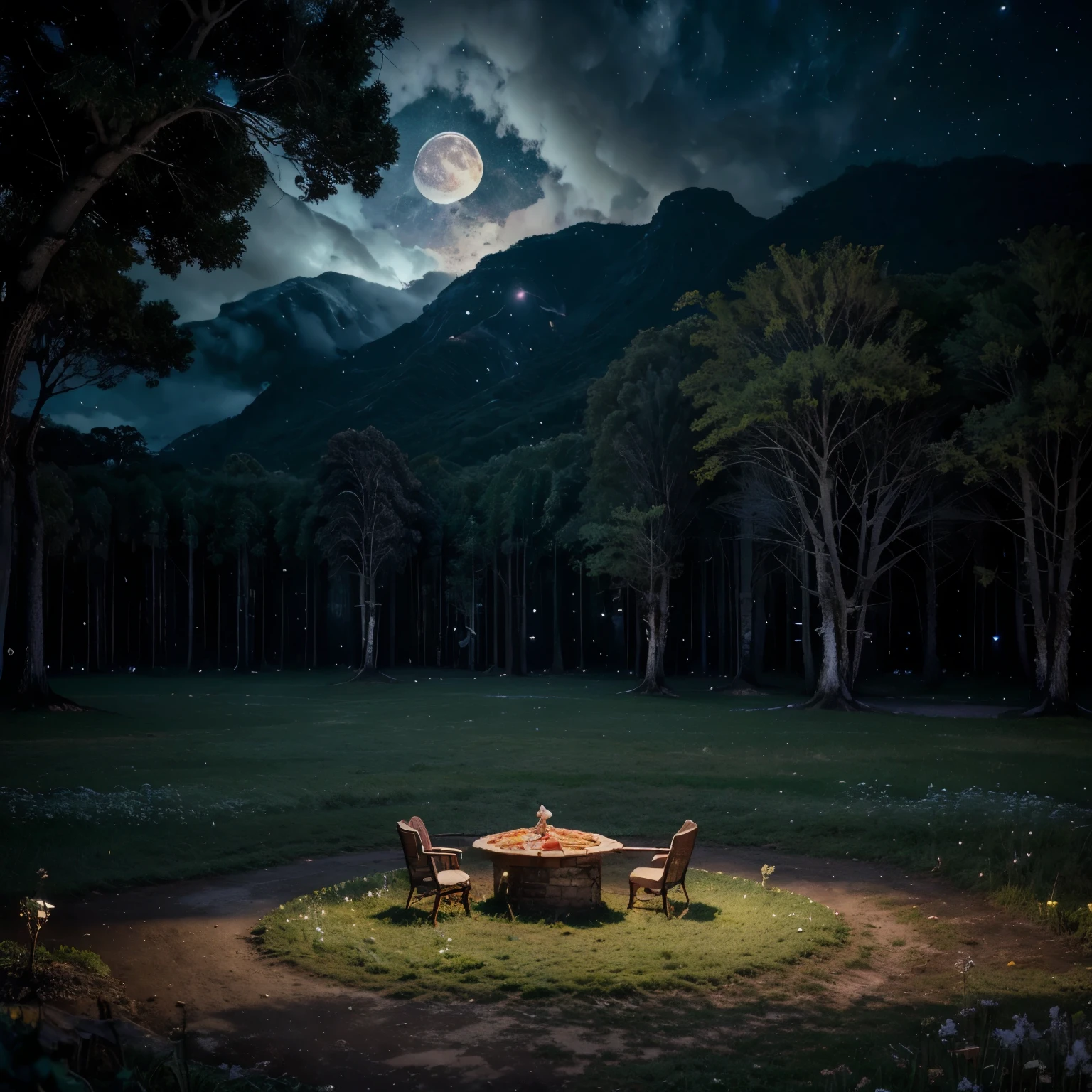 (Gato gordo comendo pizza, illustration, melhor qualidade, detalhado,high resolution:1.4), from a distance, colorida, vibrante, exuberante, volumetric lighting, contraste, , From a distance, profundidade de campo , scenario, Pintura de paisagem, arte conceitual, tiny intricate details, ESTILIZADO, , cloudy skies, Moonlit night starry sky, Fantasia, Cidade do Reino Antigo [Coliseu,Sagrado,basilica] scenario, neve, cachoeira, , trees blooming grass flowers ,  Rocky Mountains and forest neve in the background ,    , (magia de fantasia:1.4)