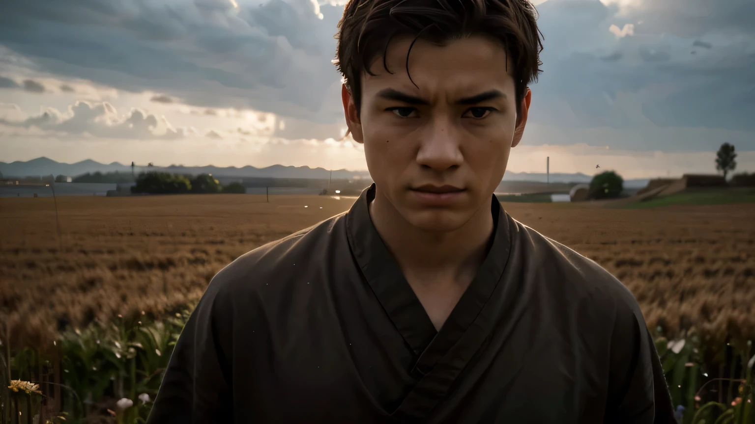 otima qualidade, Hiper-realista, imagem de um jovem monge, He is sad, He's very sad, imagem de fundo de um campo desfocado, cinematographic, 8k