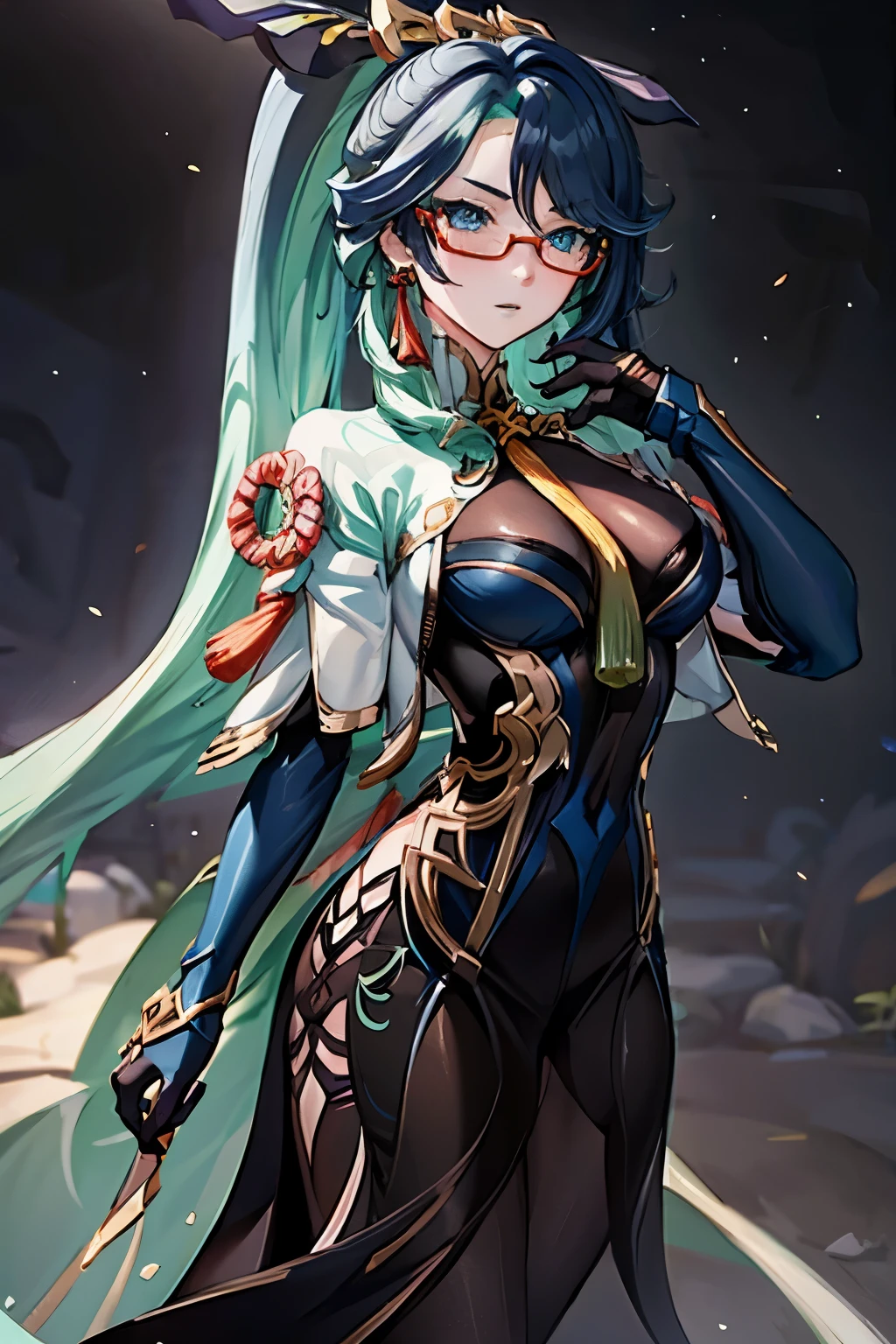 (extremely detailed CG, best quality:1.1), 1girl, perfect face, bright pupils, (finely detailed beautiful eyes:1.1), blue eyes, shiny skin, lustrous skin, wide hips, narrow waist, long hair, glasses, semi-rimless eyewear, ponytail, multicolored hair, hair ornament, earrings, chinese clothes, bodysuit, cowboy shot, elbow gloves, dress, full body, depth of field, standing, high heels, 