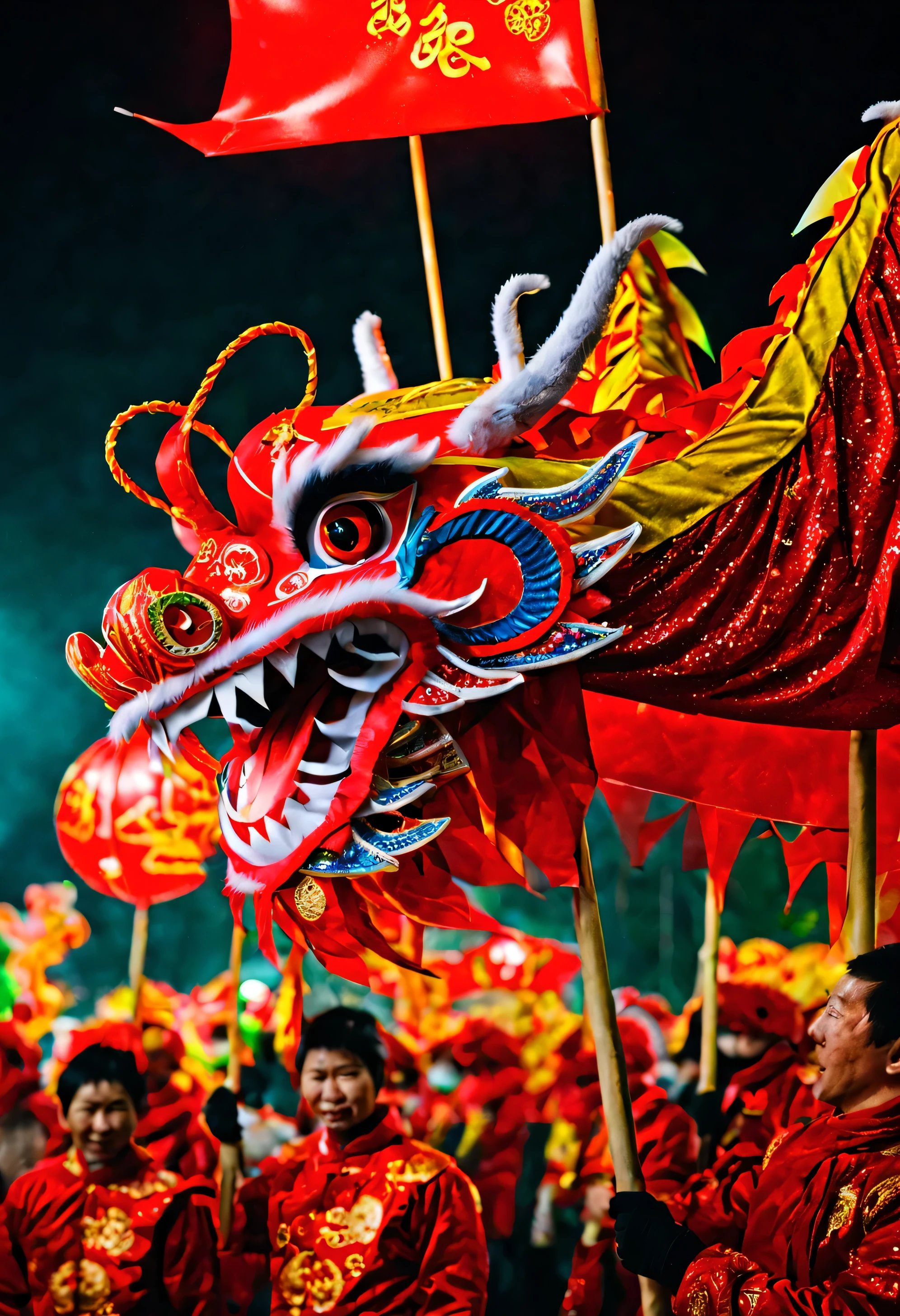 photography,lunar new year style,Puppet Dragon Portrait,Parade in the street at night,Deep in the fields,    