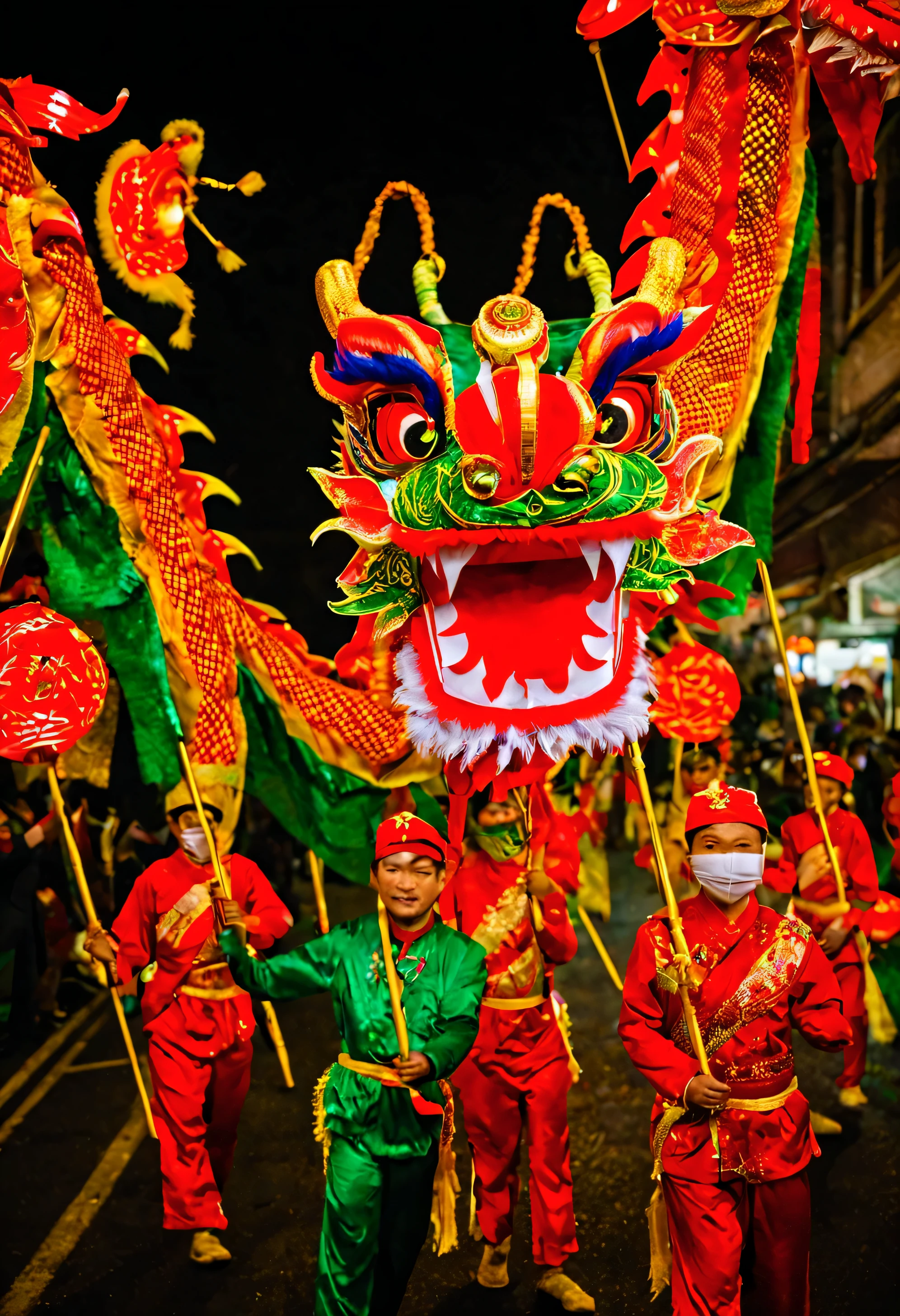 The background is in the alley,Blue sky,People dressed in yellow walk along with dragon heads in the parade,The big red dragon was above them, Dragon dance,With a smile on his face,yellow dragon head festival, china silk 3d dragon, Chinese Dragon, Tang costume, Traditional Chinese clothing, Chinese costume, chinesedragon, smooth chinese dragon, Chinese traditional, with acient chinese clothes, chinese ribbon dance, Chinese New Year in the ancient alley, Depth of field, vanishing point, Bokeh,,Lens flare,A high resolution,Dripping, impasto, Thick strokes,Minimalist, abstracted, montage, Surreal,the style of andreas rocha,Oil paints,Ultra-wide angle, Super detail,Lens flare