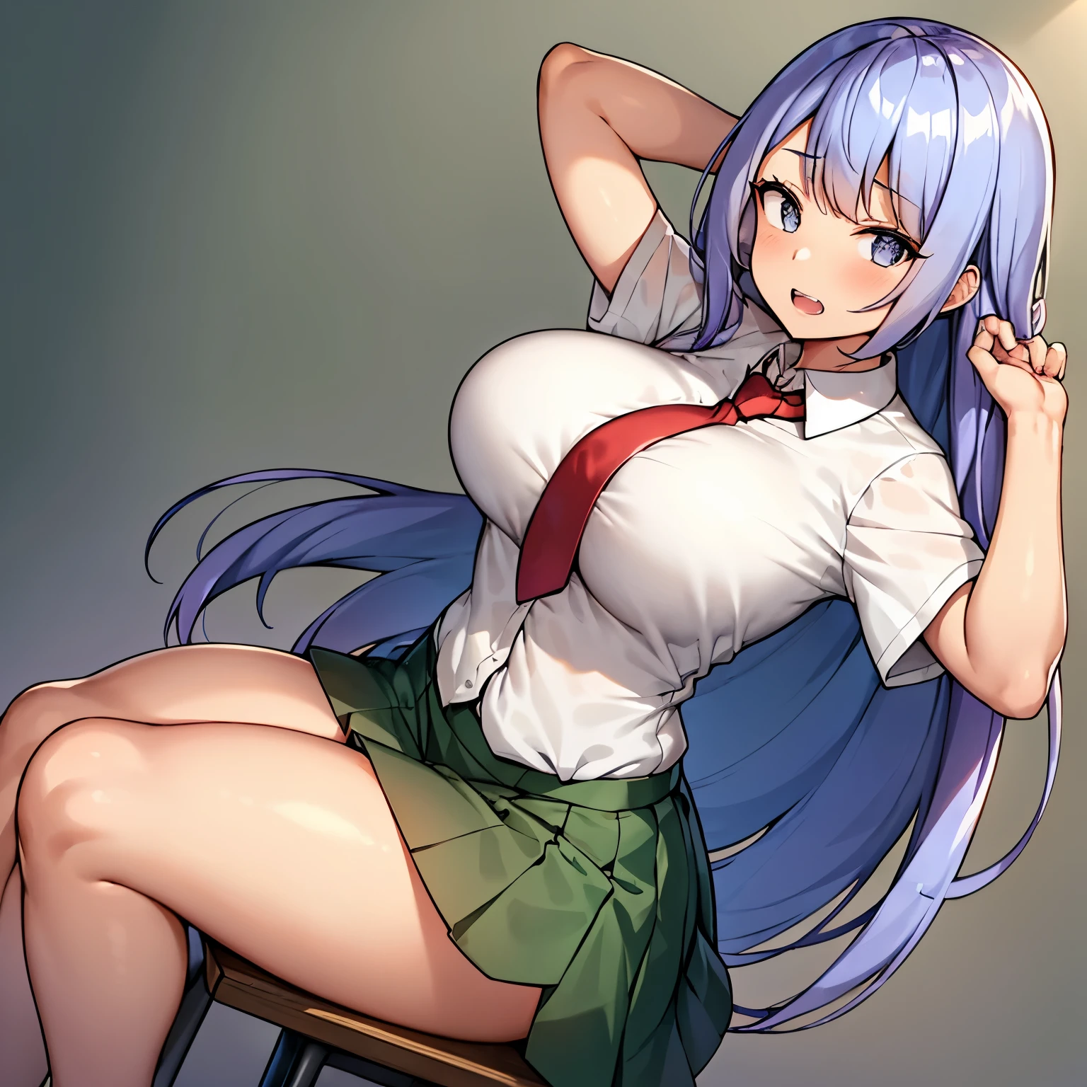 nejire hado, 1 girl, 一人in, long hair, breasts, looking at viewer, open mointh, bline eyes, skirt, large breasts, simple backgroinnd, shirt, white backgroinnd, school inniform, bline hair, white shirt, short sleeve, thighs, tie, teeth, collared shirt, vest, arm inp, thick thighs, red tie, green skirt, arm behind head, in.a. school inniform