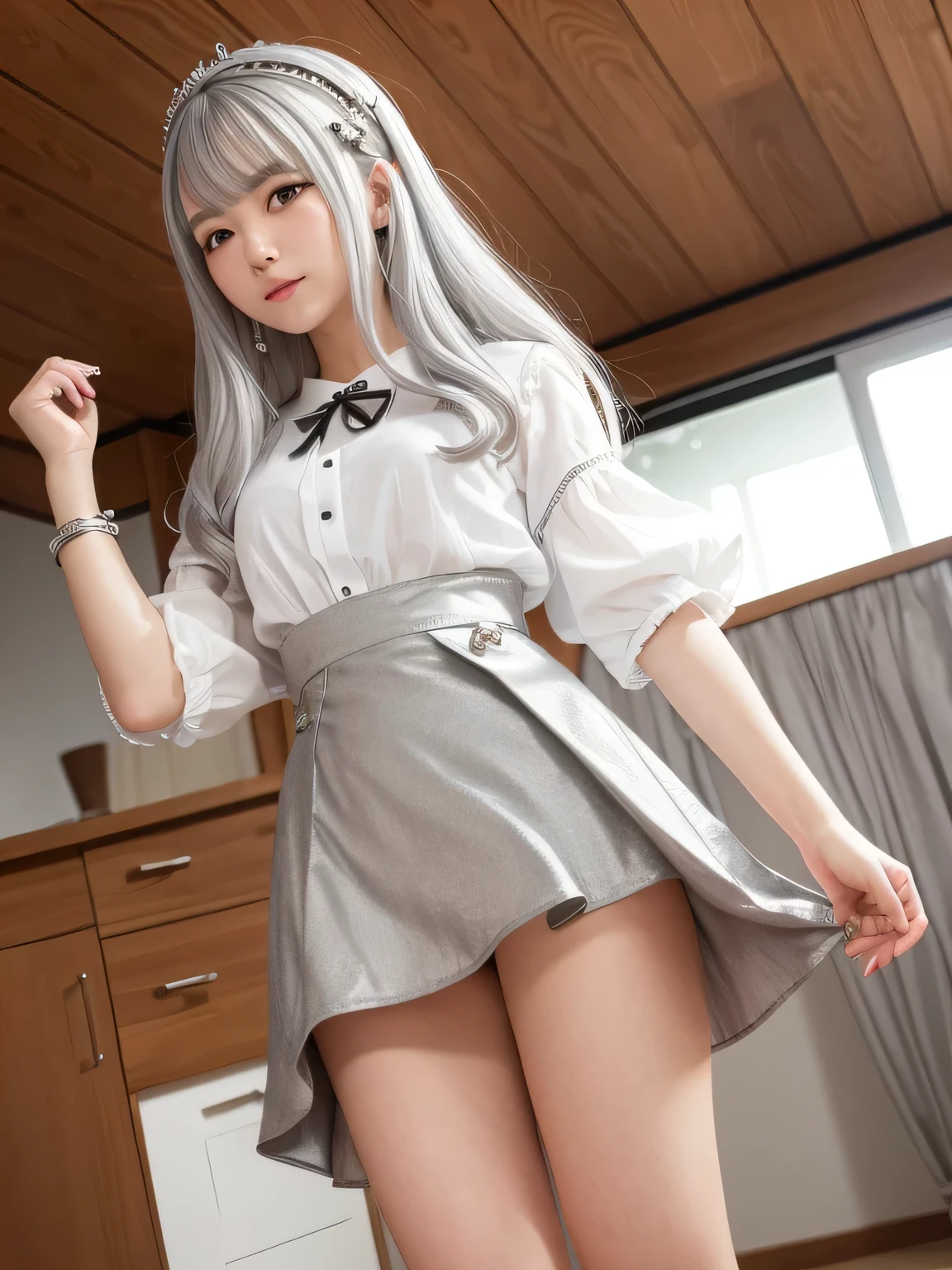 ((Lingerie model)), zoom, masterpiece, highest quality, High resolution, Elizabeth, One Girl, jewelry, Single knee socks, Silver Hair, Hair in one eye, abdomen, Black Skirt, Asymmetrical legwear, ((Pink Shirt)), No sleeve, Black knee socks, belt, Are standing