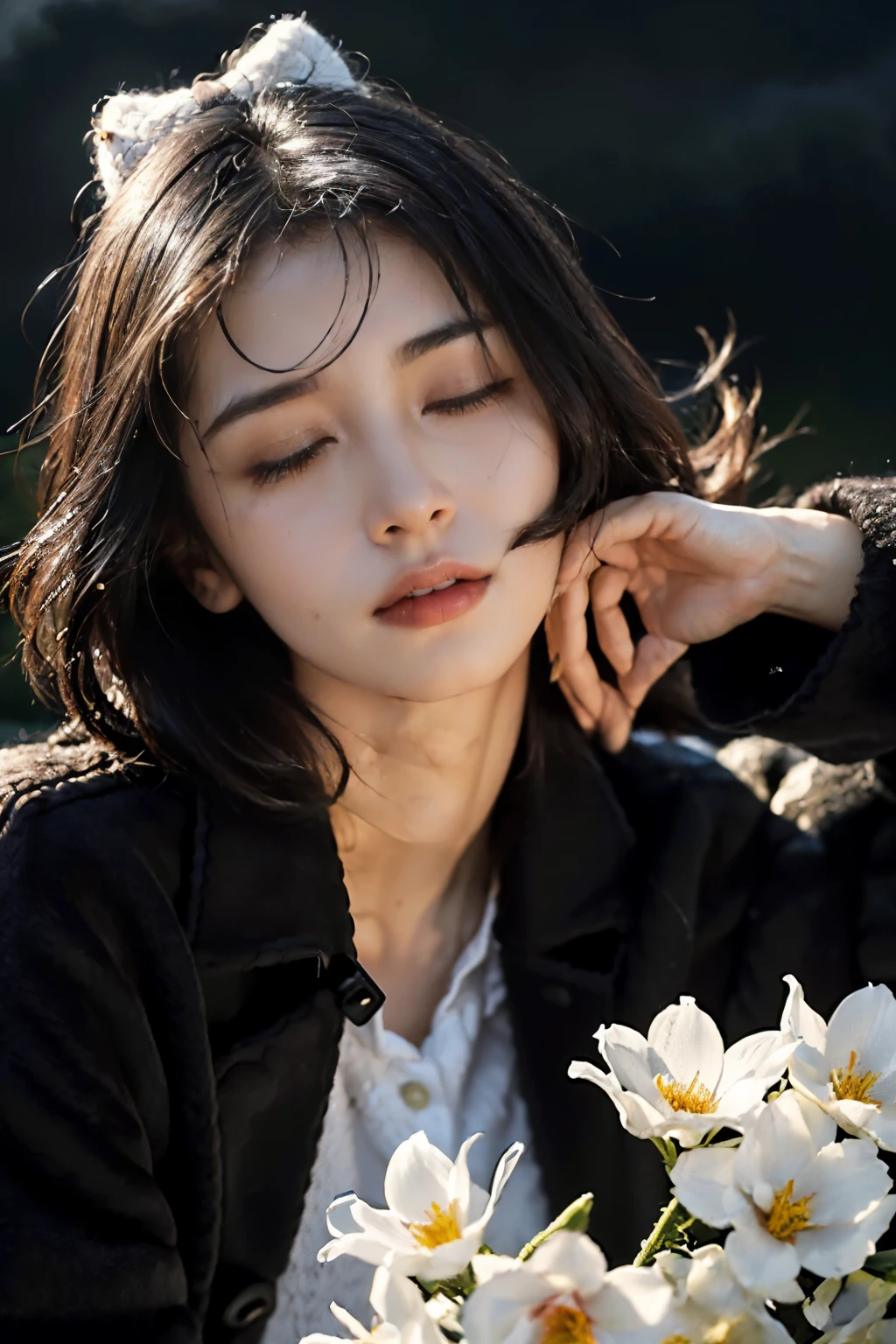 (shoulder length straight short hair: 1.2),(black hair:1.3),(Extremely meticulous CG 8k wallpaper），（Extremely refined and beautiful），（Masterpiece:2.0），（best qualtiy：2.0），（Ultra High Resolution：1.0），beautiful light up，Perfect lightning，realistic shaded，[A high resolution],(Smooth and flawless fair skin:1.5),Extremely exquisite facial details,(perfect body：1.1），ultra - detailed,A beautiful girl,small head,(Small breasts:1.1)，Flat chests，slim，thin,(Sad:1.3), (solemn:1.2),(Crying:1.2), (tears:1.3),(black woolen coat:1.5),(white collared shirt),standing,Outdoor,(in a vast square:1.5),(Holding a large bundle of yellow and white flowers in arms:1.0),(dark cloudy day:1.3),Portrait photo,(close-up of upper body:1.3),sideview,from behind,(close eyes:1.2),(Bow head down:1.2),Devout silence