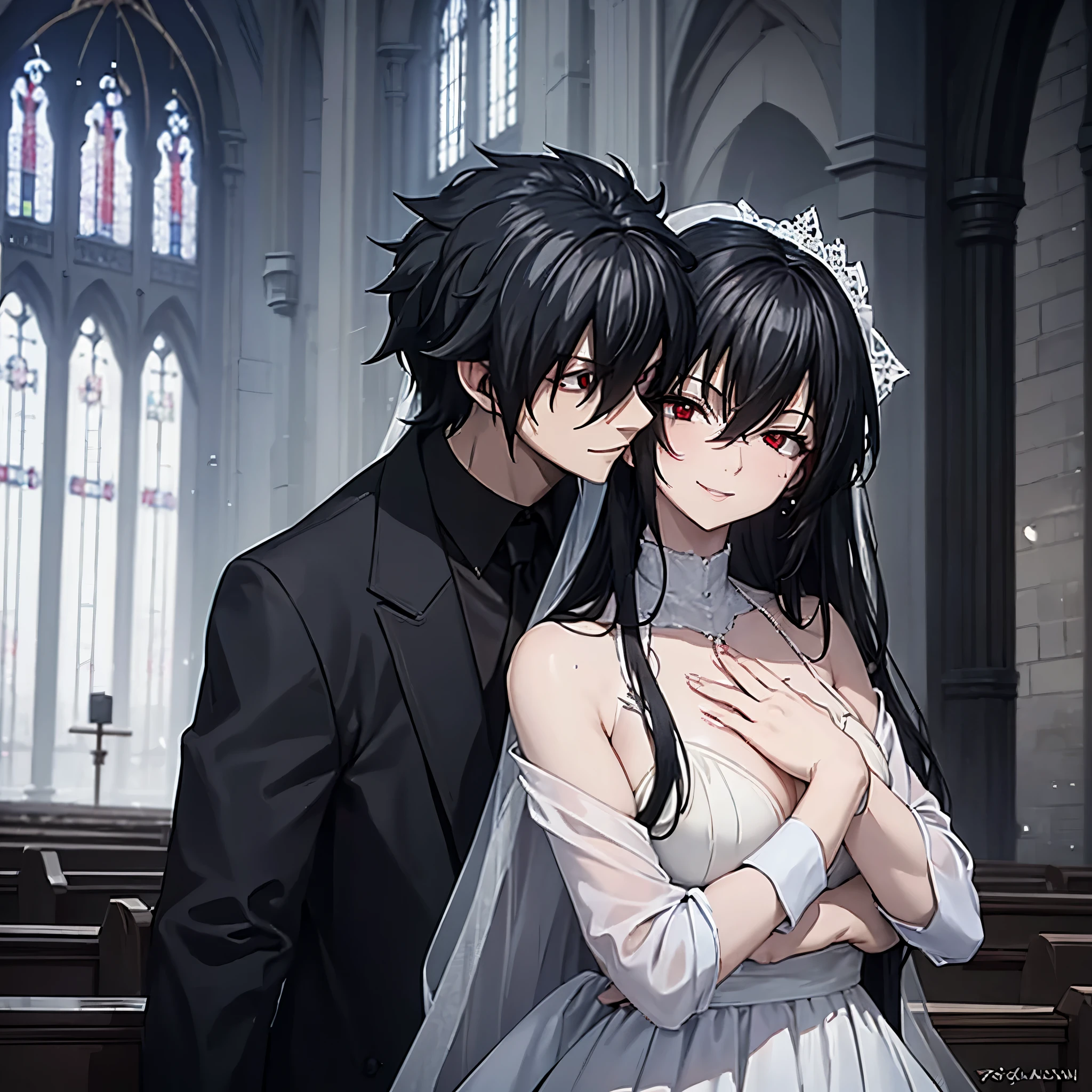 a man in a black suit hugging a woman and kissing. (red eyes), wearing white wedding clothes in a church, smiling, perfect features, perfect face