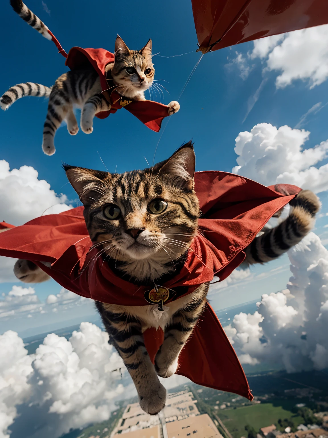 Cute cat in red cape flying through the sky with a pizza