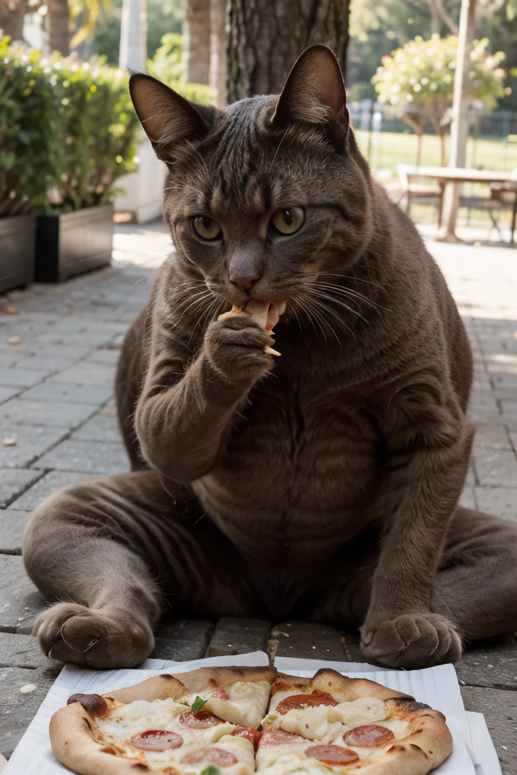 Crie um gato gordo. Fofinho comendo pizza no parque