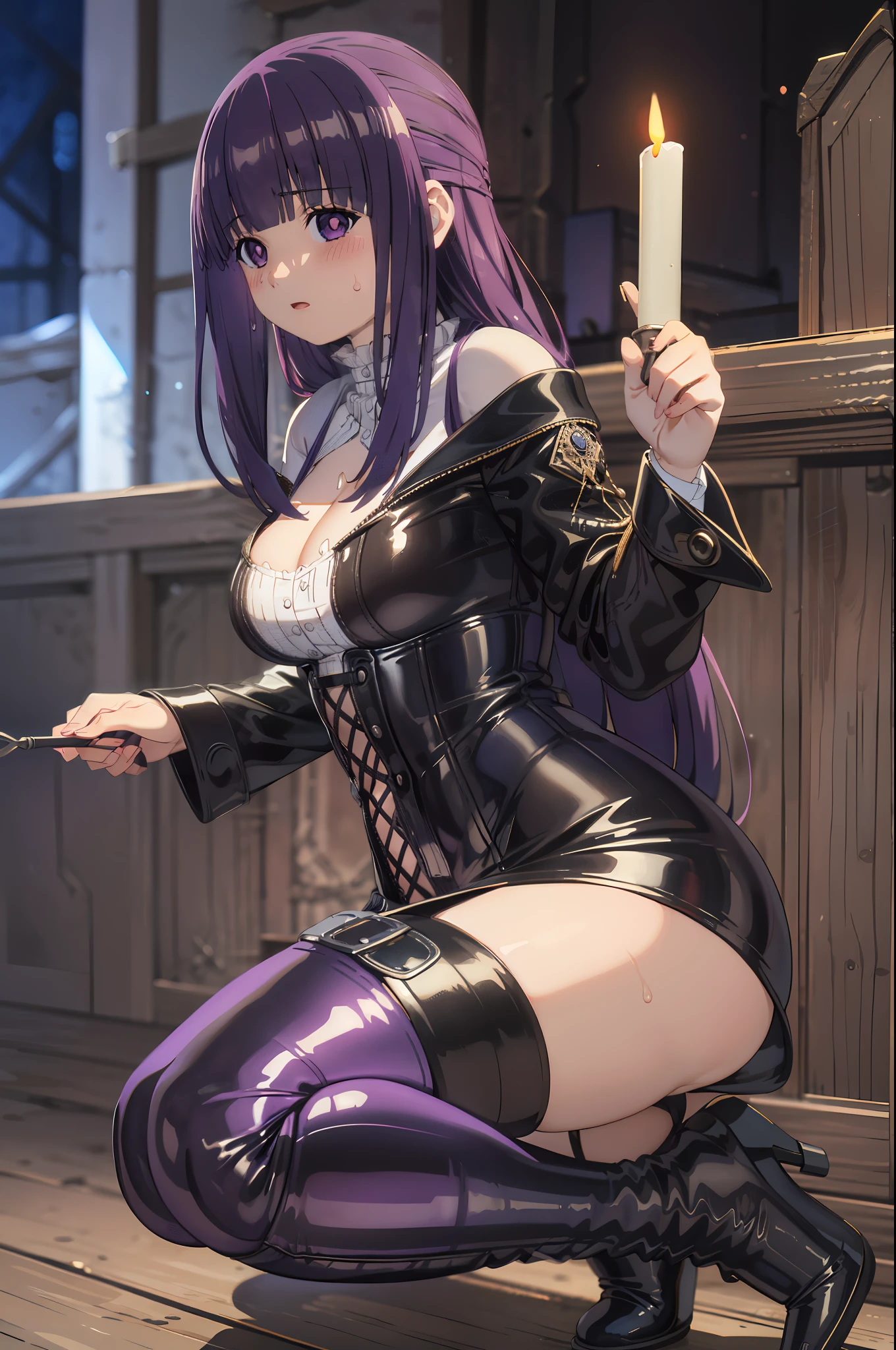 (highest quality, masterpiece),sexy, erotic, 1 girl, 18-year-old, despise, Pride, purple long hair, ((purple eyes)), looking at the viewer, medieval tabernacle, (close), ((dark room)), Sweat, the candle is lit, (((blush))), ((cleavage)), Mr.々Inside a torture chamber with various tools、
BDSM、purple latex corset dress、The corset is decorated with beautiful embroidery.、corset dress with shoulder straps、purple latex tight miniskirt、first round、Black Thigh Boots、high heel boots、