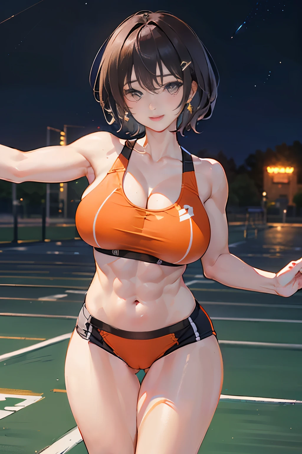 (highest image quality:1.35), high quality, Realistic photos, (一位beautiful woman:1.33), beautiful expression, (delicate eyes:1.3), (beautiful eyes:1.3), (a delicate face:1.3), Smile, (hair shiny:1.2), (blackhead hair:1.3), (muscular body:1.2), Super details, high resolution, Athletic physique, (big breasts:1.25), (short hair:1.2), (beautiful woman), (Cute navel:1.2), (Depth of field f/1.2:1.45), sharp focus, original photo, (Black bloomers for sprinters:1.45), (Orange sports bra for sprinters:1.4), (Black bloomers:1.4), (Black sports bra:1.4), (open arms:1.4), (Thick thighs:1.6), (beautiful thighs:1.7), (Turn your face forward:1.25), (cowboy shooting:1.5), (Track and field at night:1.4), (dark sky:1.5),