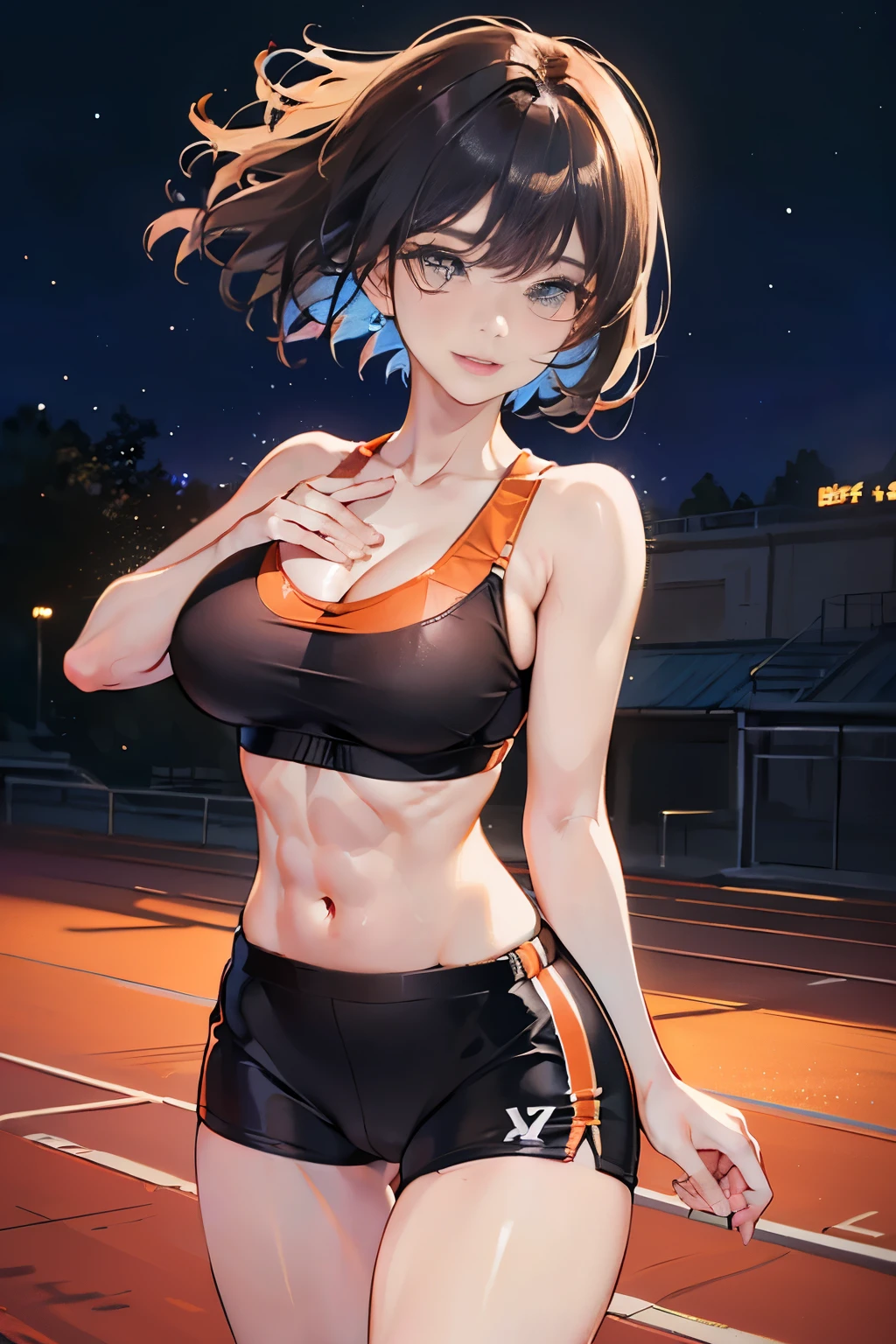 (highest image quality:1.35), high quality, Realistic photos, (一位beautiful woman:1.33), beautiful expression, (delicate eyes:1.3), (beautiful eyes:1.3), (a delicate face:1.3), Smile, (hair shiny:1.2), (blackhead hair:1.3), (muscular body:1.2), Super details, high resolution, Athletic physique, (big breasts:1.25), (short hair:1.2), (beautiful woman), (Cute navel:1.2), (Depth of field f/1.2:1.45), sharp focus, original photo, (Black bloomers for sprinters:1.45), (Orange sports bra for sprinters:1.4), (Black bloomers:1.4), (Black sports bra:1.4), (open arms:1.4), (Thick thighs:1.6), (beautiful thighs:1.7), (Turn your face forward:1.25), (cowboy shooting:1.5), (Track and field at night:1.4), (dark sky:1.5),