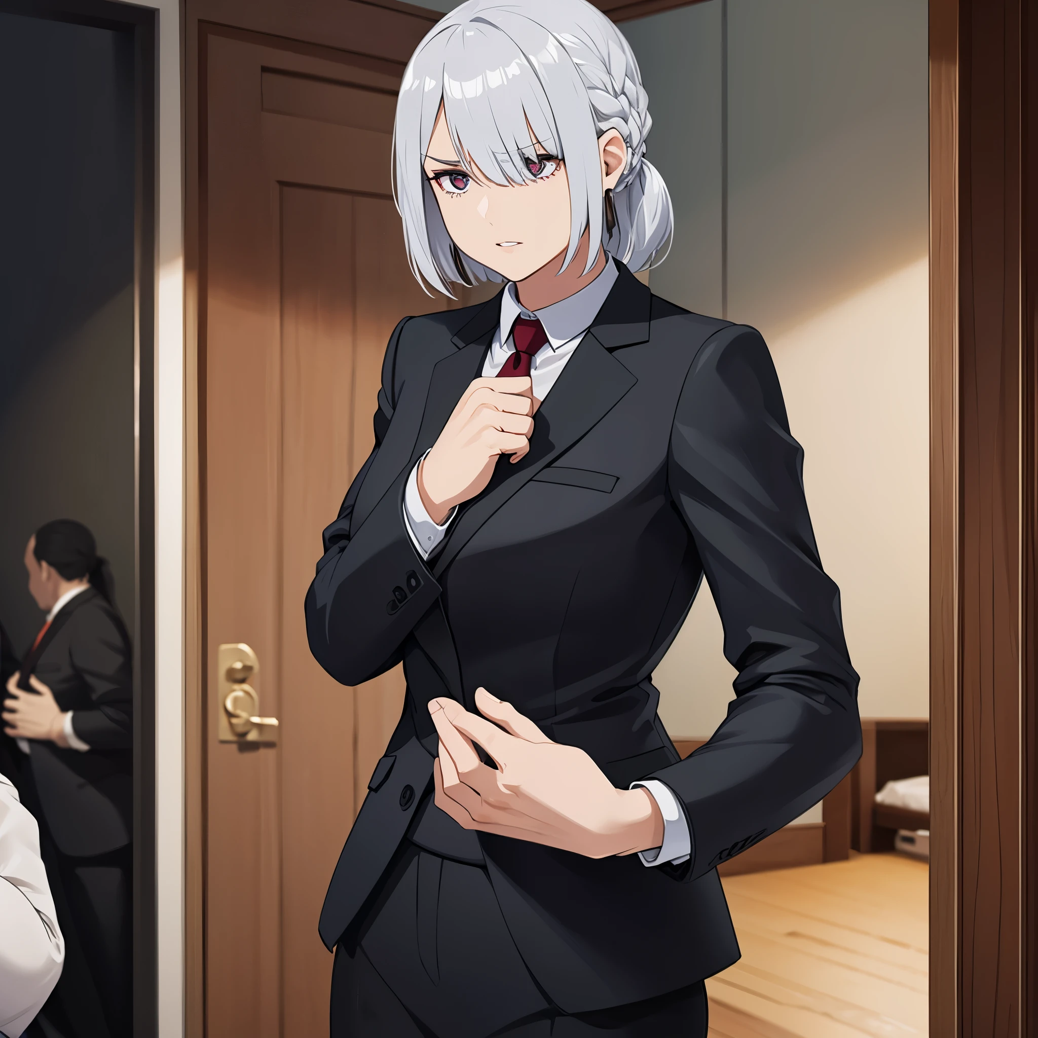 a woman wearing a black suit, silver hair, in a house
