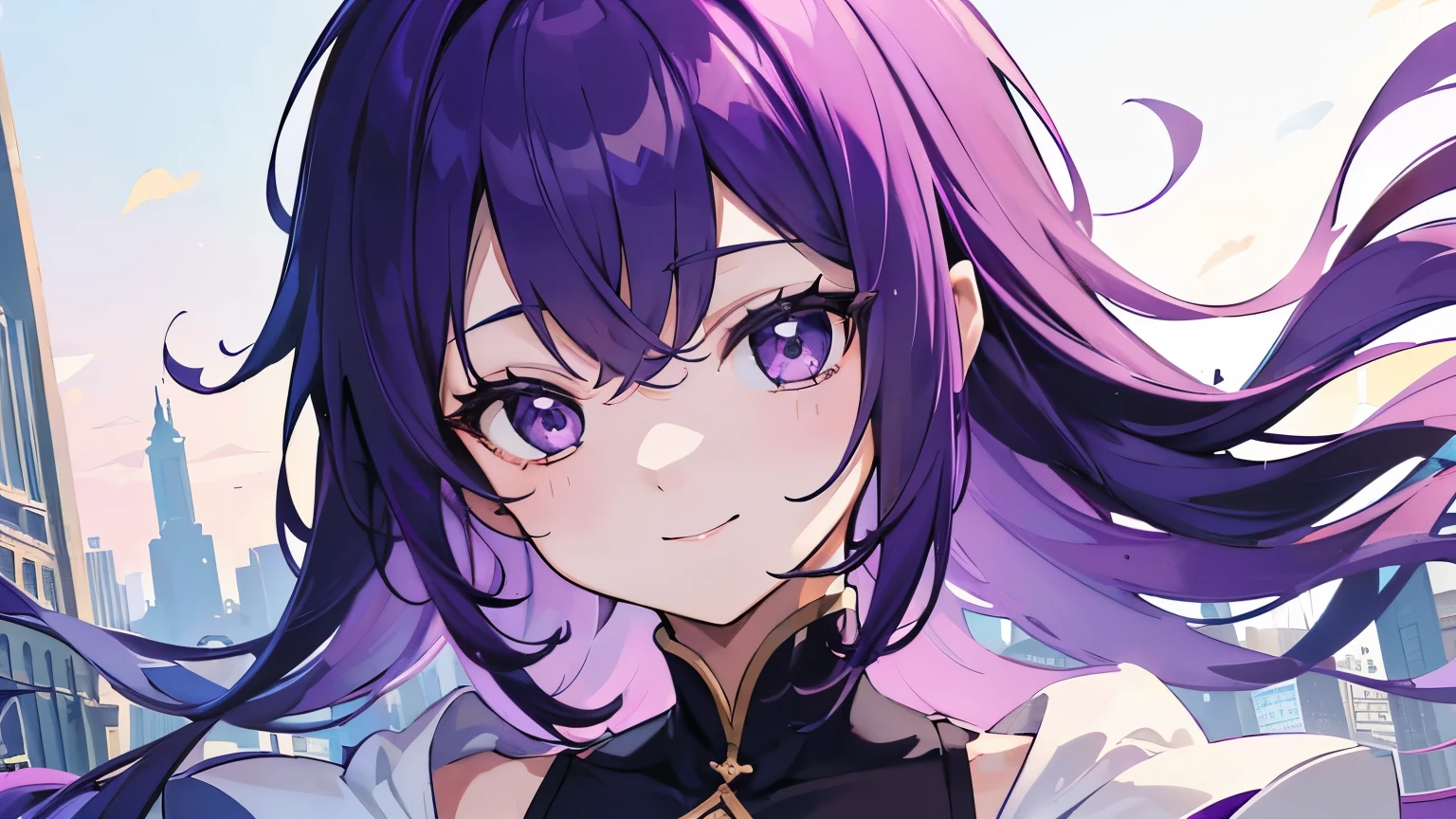 (T Masterpiece，4k wallpaper，best quality))、((girl１people))、(solo)、Brilliant，(purple hair)、(shortcut:1.3)、close up of face、smile、city、Princess、middle ages