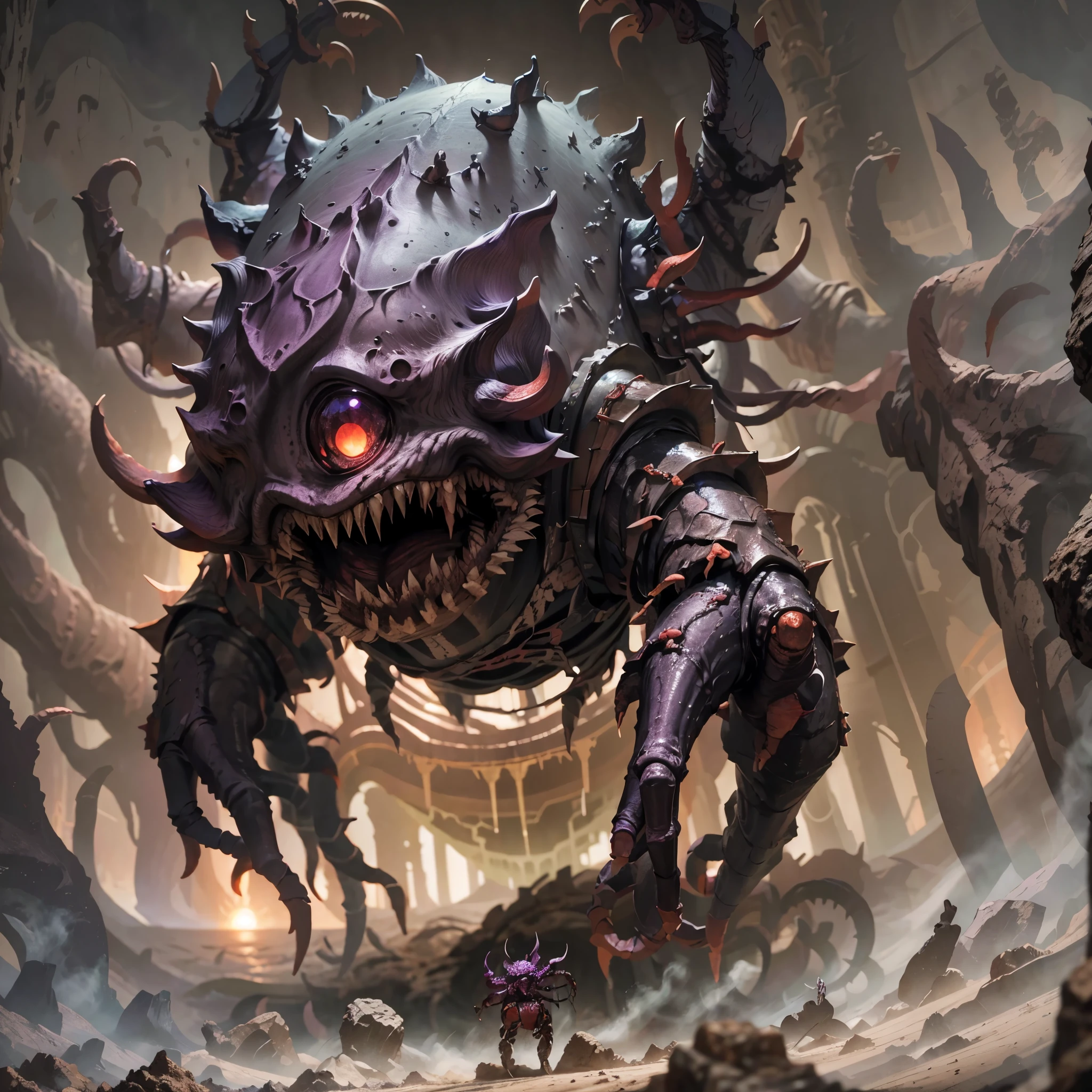 (A creepy crab monster, bright purple, creepy, giant maw full of shark teeth, spiky armor, and tentacles with many eyes), prowls the shore at sunset