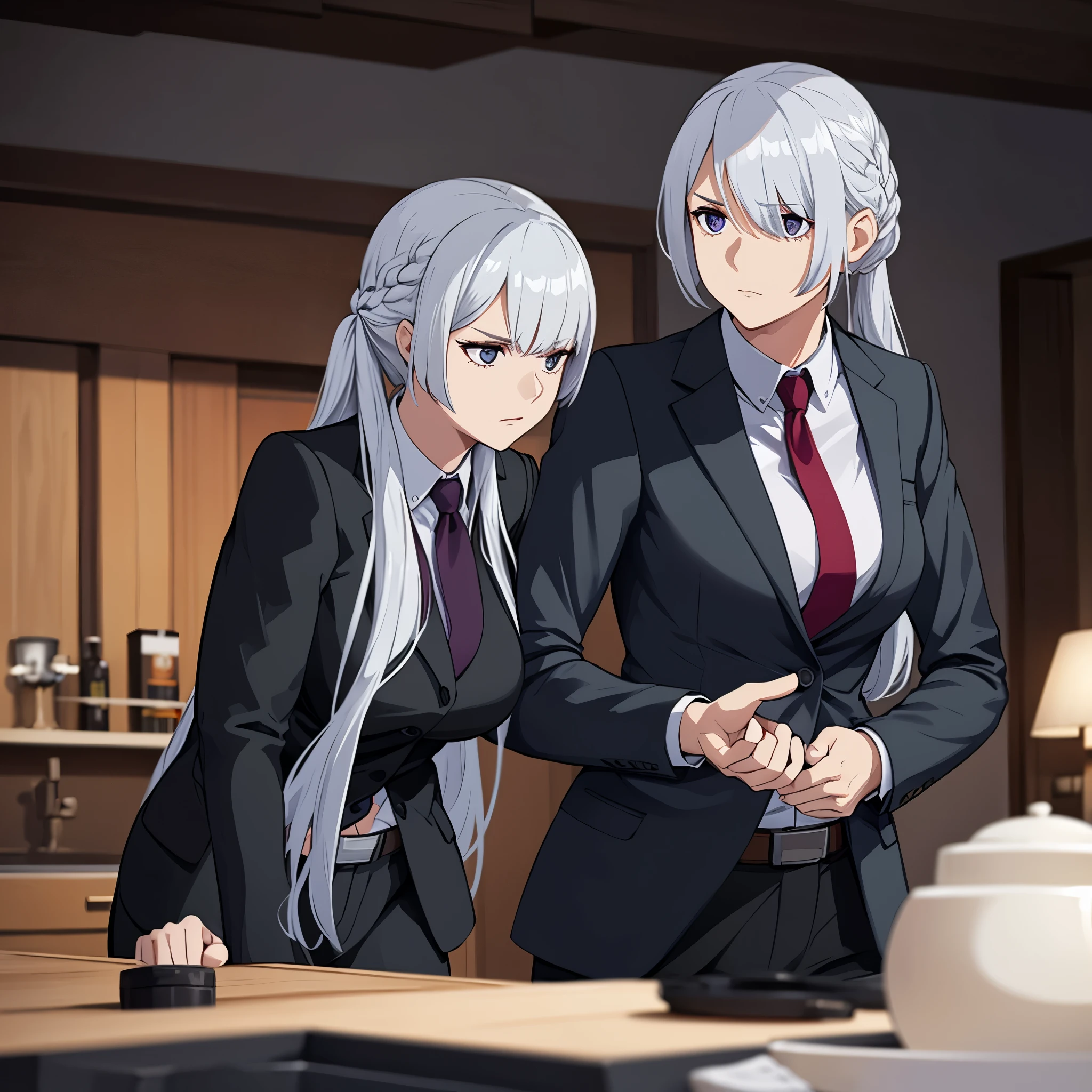 a woman wearing a black suit, silver hair, in a house
