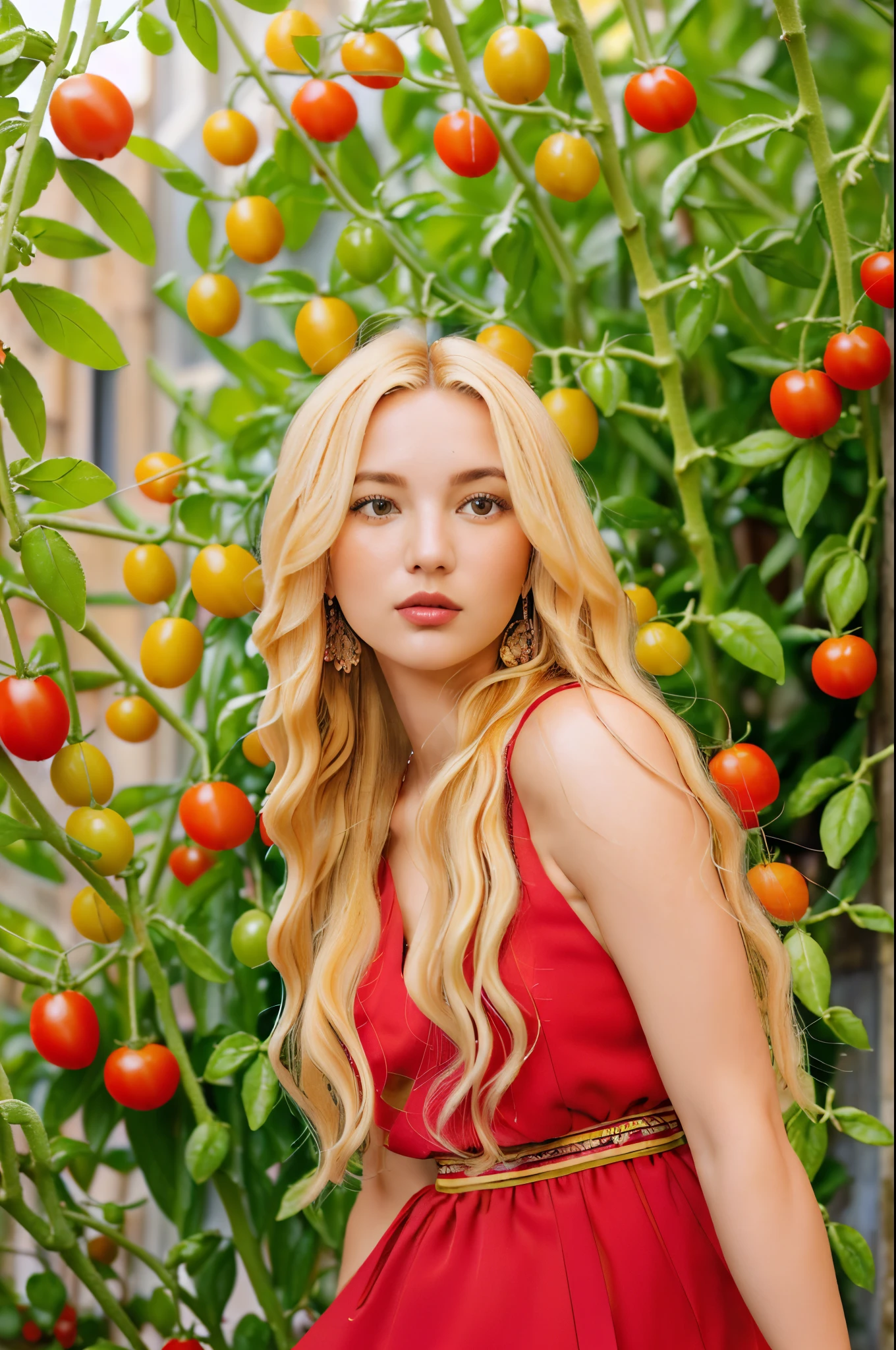 (red dress, blonde hair made of stir-fried noodles with olives and cheese, tomato slices) (best quality, ultra-detailed, realistic:1.37), vibrant colors, studio lighting, portraits, Mediterranean color palette, soft natural light, dreamy atmosphere, elegant pose, flowing movement, lush garden background