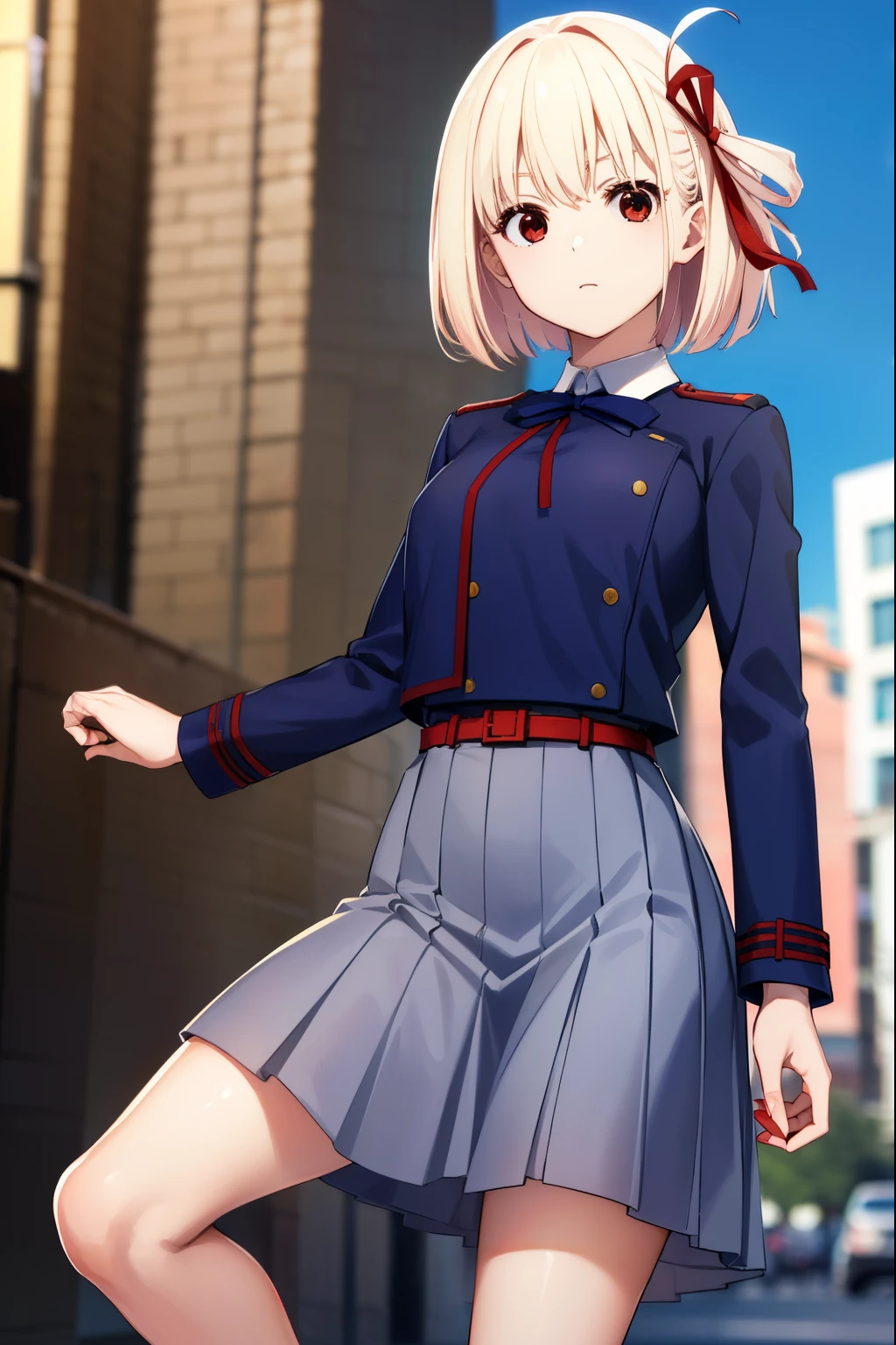 Chisato Nishikigi, Chisato Nishikigi, short hair, bangs, blonde hair, (red eyes:1.5), hair ribbon, one side up, bob cut,
break shirt, long sleeve, dress, ribbon, white shirt, collared shirt, belt, neck ribbon, red dress, blue ribbon, pleated dress, grey dress, two-tone dress, red belt, lycoris uniform,,
break outdoors, city,
break looking at viewer, break (masterpiece:1.2), highest quality, High resolution, unity 8k wallpaper, (figure:0.8), (beautiful and fine eyes:1.6), highly detailed face, perfect lighting, Very detailed CG, (perfect hands, perfect anatomy),