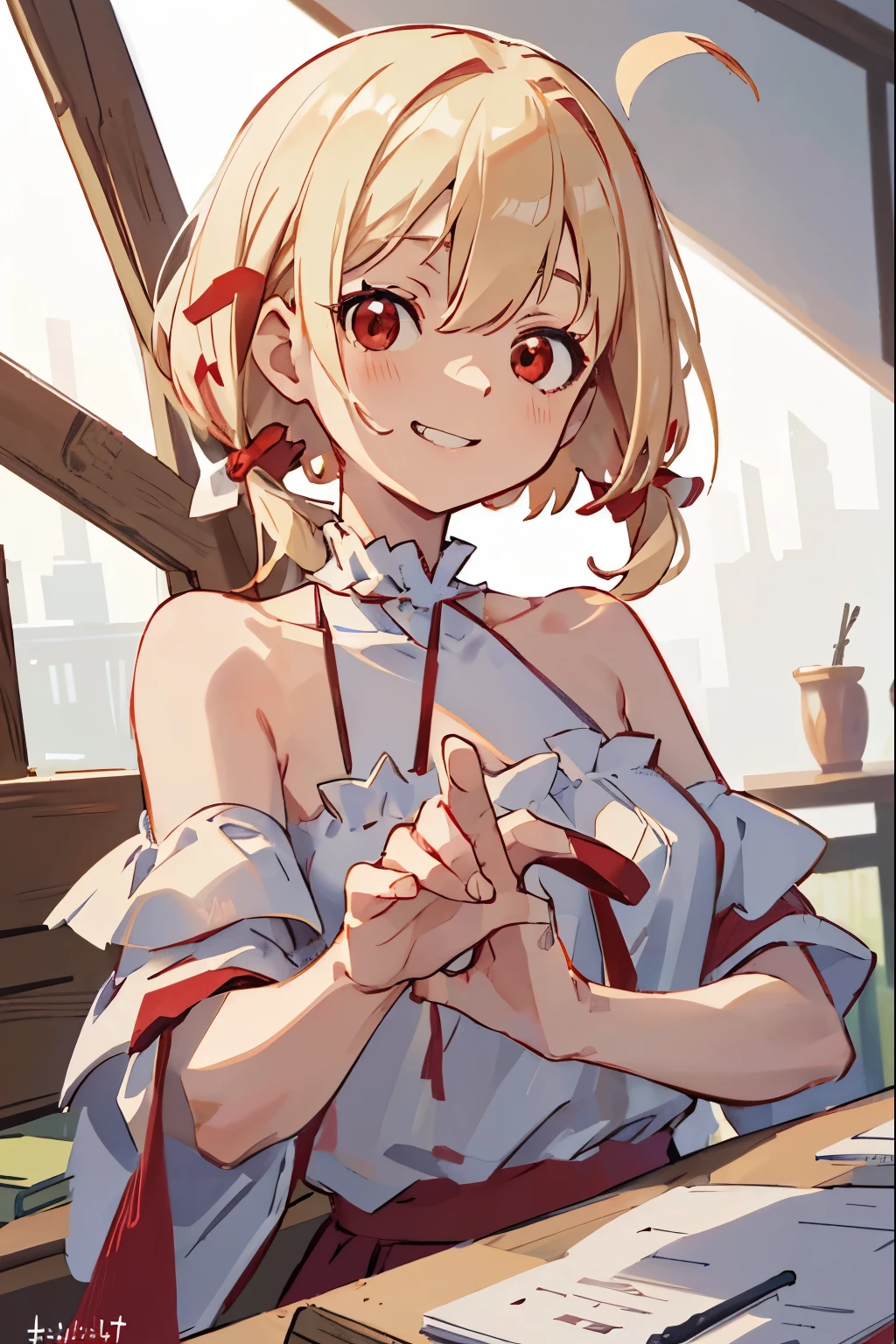 Chisatoniki, Chisato, short hair, bangs, blonde hair, (red eyes:1.5), hair ribbon, one side up, bob cut,
break shirt, bare shoulders, twin tails, clavicle, hair ribbon, white shirt, frills, off shoulder, red ribbon, ショートtwin tails, off shoulderシャツ, frillsシャツ,
break outdoors, grin,
break looking at viewer, break (table top:1.2), highest quality, High resolution, unity 8k wallpaper, (figure:0.8), (beautiful and fine eyes:1.6), highly detailed face, perfect lighting, Highly detailed CG, (perfect hands, perfect anatomy),