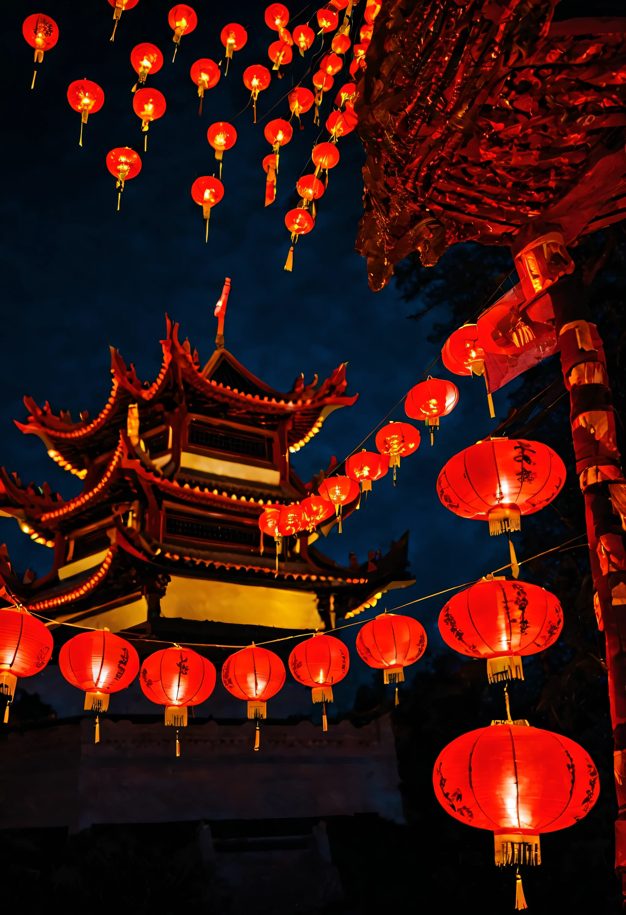 photography,lunar new year style,beautiful lanterns, At night in a pagoda,Deep in the fields,  focus only