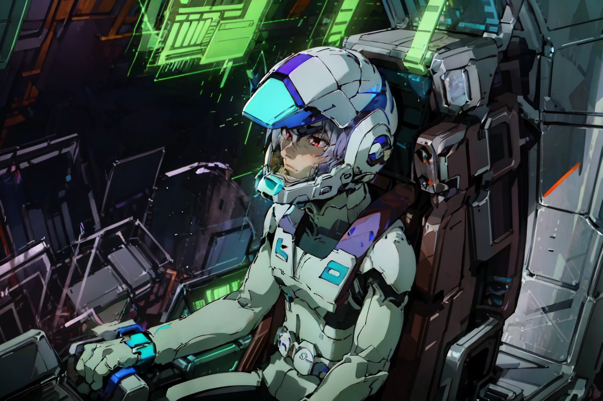 1boy,white hair,red eyes,helmet,futuristic cockpit,mechanical buttons,purple lighting,(best quality,ultra-detailed),technology,high-tech,sci-fi,advanced machinery,digital display,neon lights,modern,metallic surfaces,sleek design,highly detailed environment,crisp and clear details,sharp focus,realistic rendering,dystopian atmosphere, intense contrast,vivid purple color palette,glowing light sources,immersive experience,trim.