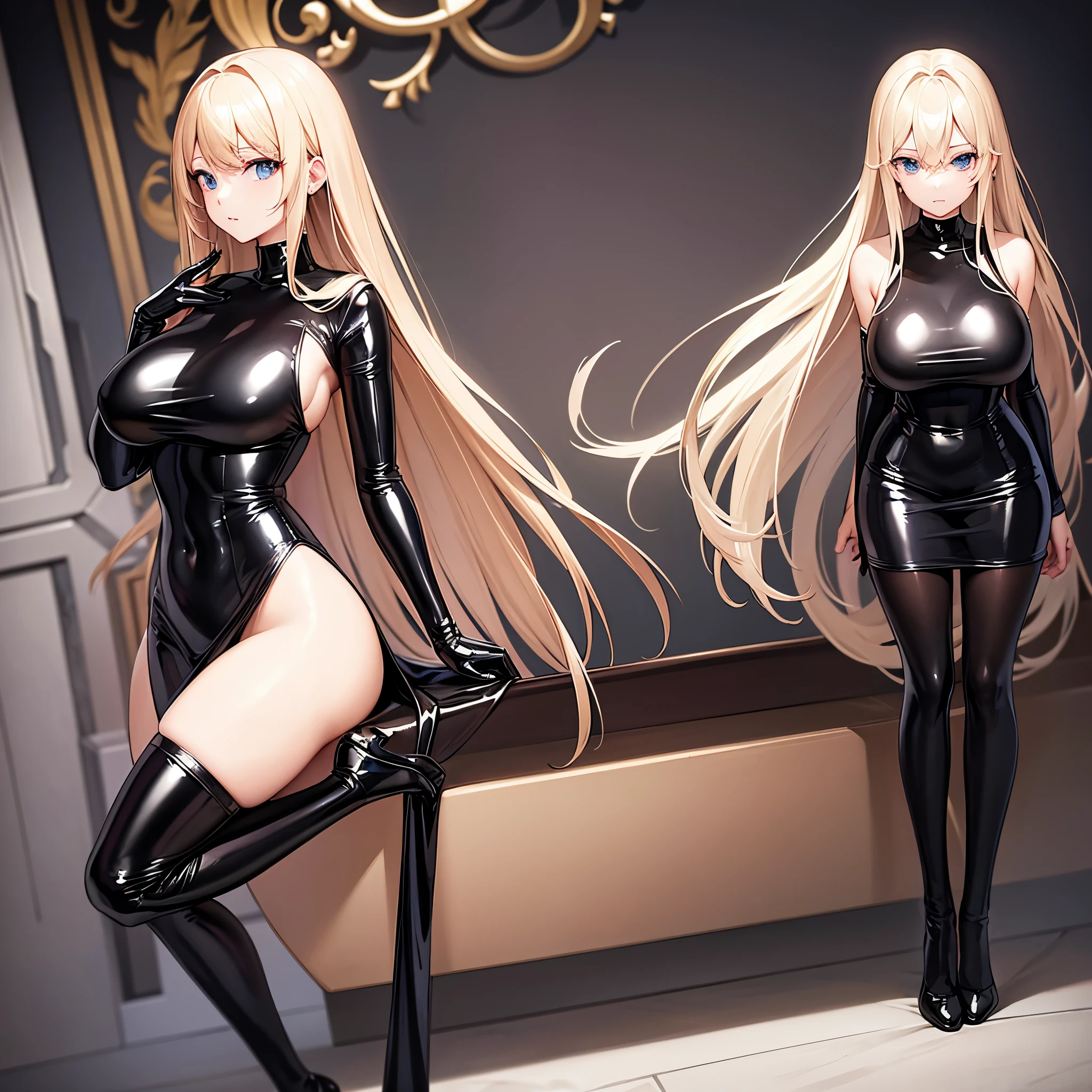 masterpiece, highest quality, super detailed、beautiful girl,black latex wearing a dress,except for the face and legs, All parts of the body are tightly wrapped,big breasts,thin legs、long blonde hair