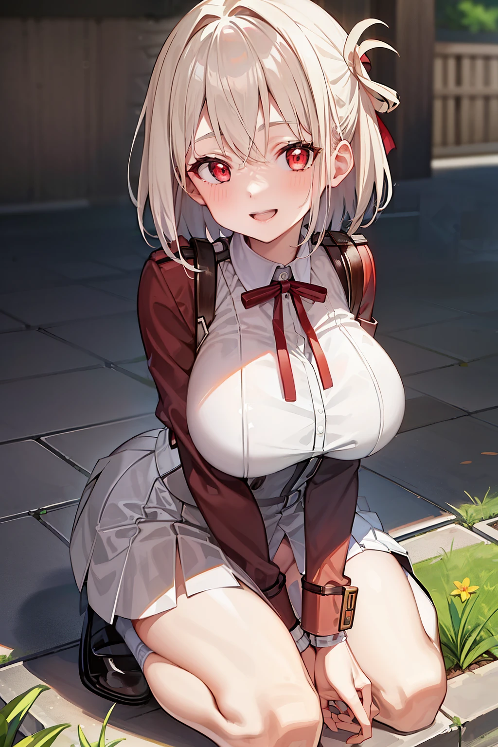 1 girl, Double V, Breast augmentation, outdoor, alley, cheerfulness, kneel down, From above, looking at the viewer, back, platinum blonde hair, medium hair, red eyes