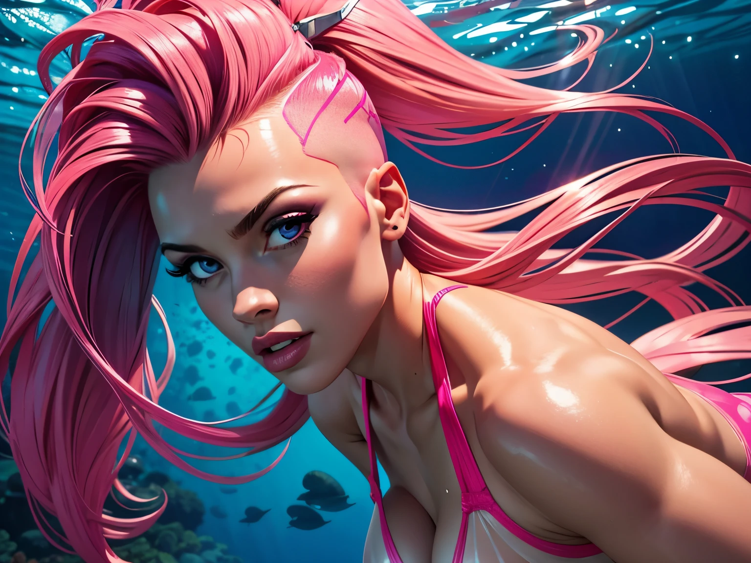best quality, masterpiece, ultra detailed, ultra high res, realistic, bright colour, female, extremely large breast, very long pink mohawk hair, tiny pink see through bikini, front view, under water,