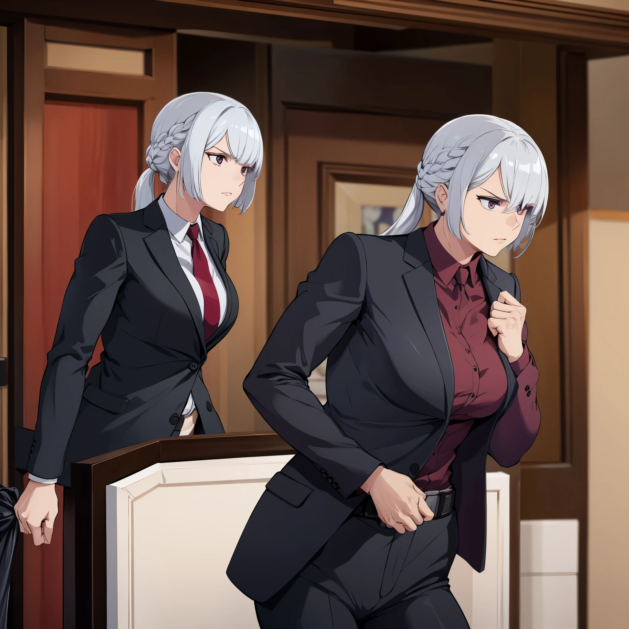 a woman wearing a black suit, silver hair in the lobby of a house, muscular
