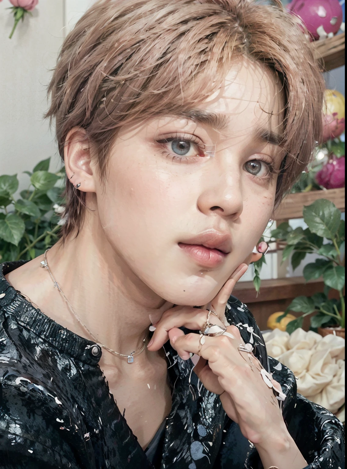 Un primer plano de una persona con el pelo rosa y un collar, Jimin\los labios carnosos, park Jimin, Jimin, Jimin\la nariz griega, Jimin\his right eyelid is swollen, accurate Jimin face, kim doyoung,, kpop idol portrait, bts