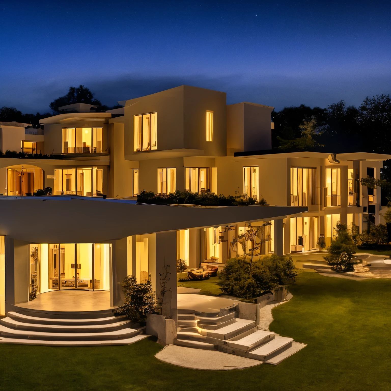 Luxurious Mansion, Night time, High light, Mountain View, Depth of Field,