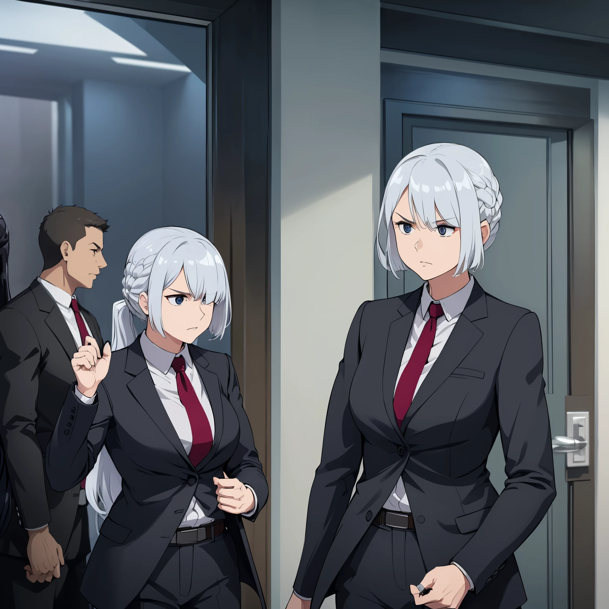 a woman wearing a black suit, silver hair in the lobby of a house, muscular
