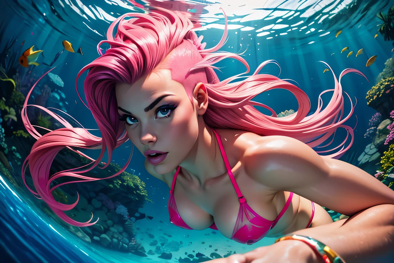 fisheye lens, best quality, masterpiece, ultra detailed, ultra high res, realistic, bright colour, female, extremely large , very long pink mohawk hair, tiny pink see through bikini, front view, under water,