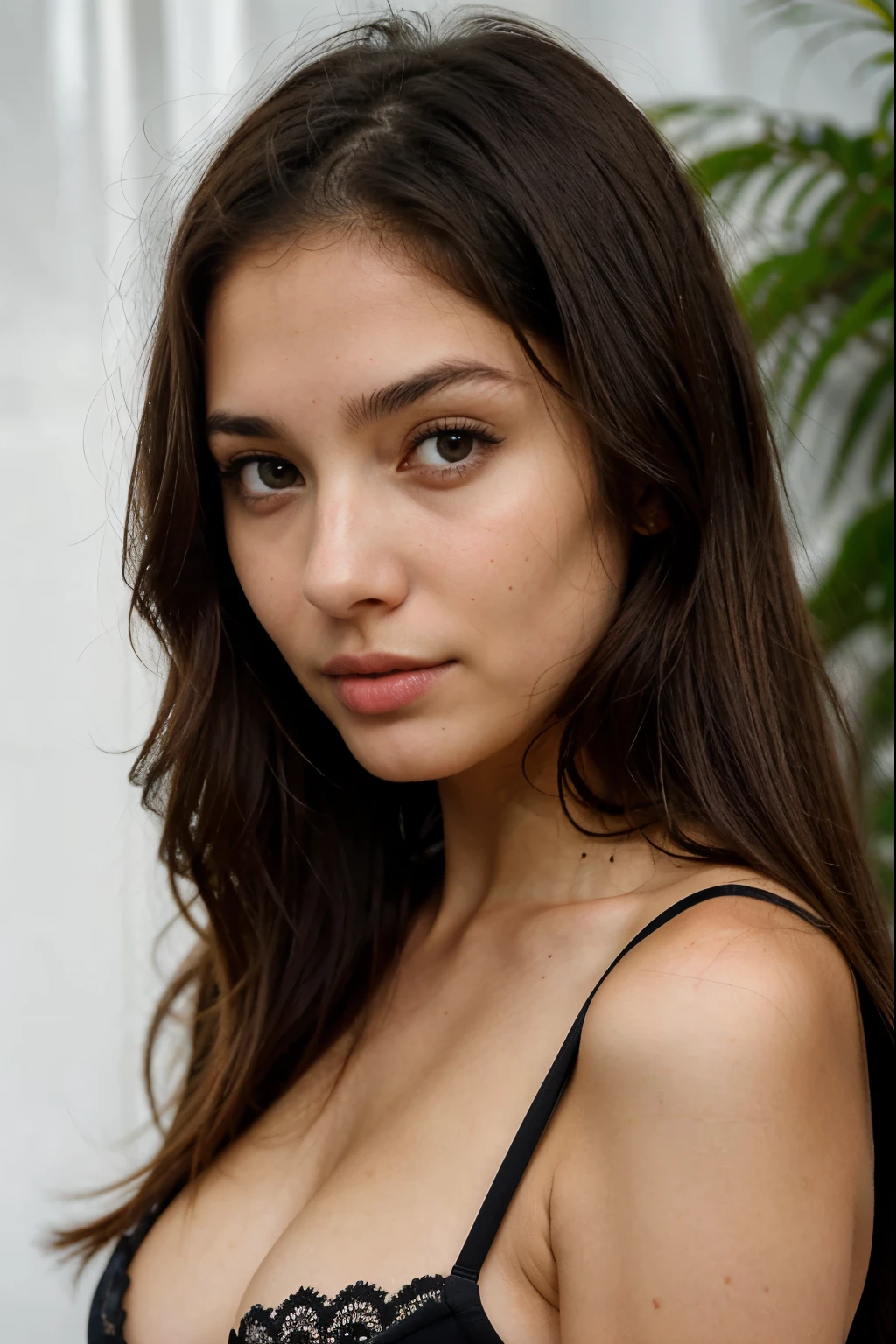 arafa woman with long dark hair and black bra, flawless brunette skin, lindo rosto latina, garota indiana com pele morena, Retrato de Sophie Mudd, rosto da mulher jovem, detailed flawless face, rosto detalhado de uma mulher, ela tem pele morena oliva, woman's face looking away from the camera, retrato de rosto inteiro em close, sem maquiagem cabelos ondulados