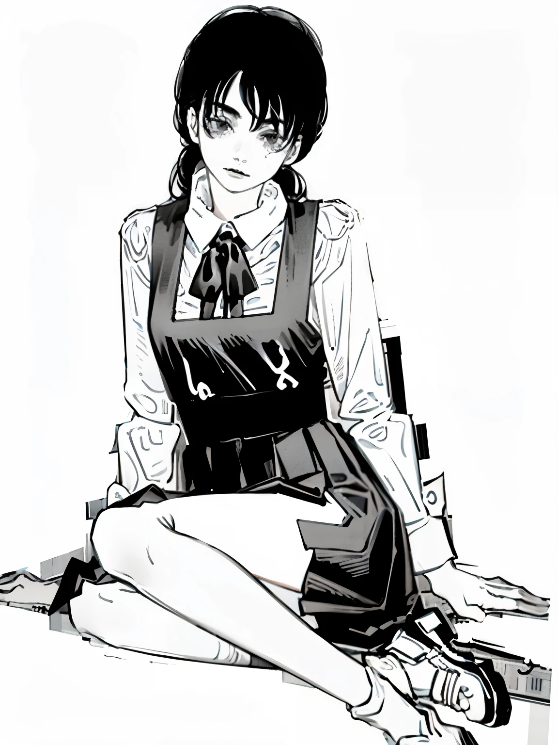 best quality,masterpiece, solo, beautiful,looking at viewer, japanese,full body, black eyes, monochromatic, white background:.5