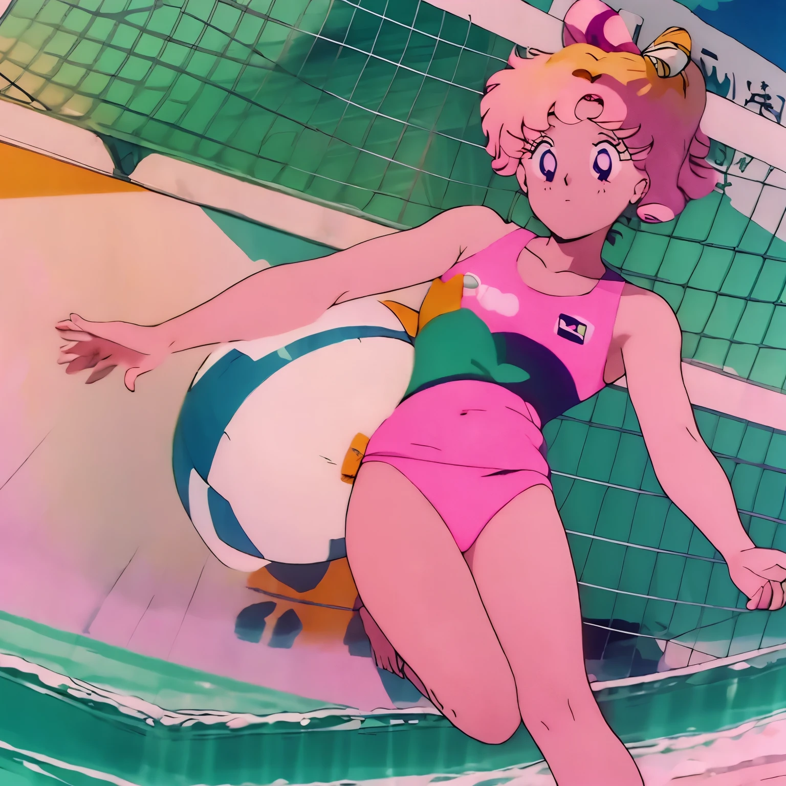 Anime girl with pink hair at a beach wearing a pink swimsuit playing volleyball with the clear blue sea in the background 