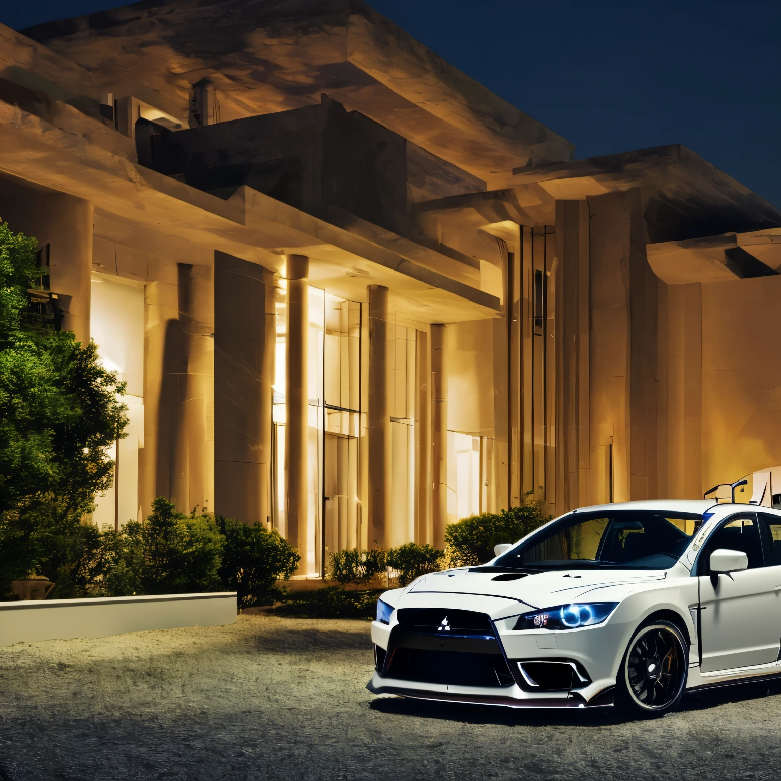 Sport Car,Modification Car, Mitsubishi Lancer Evolution, At Luxurious Mansion, Night time, High light