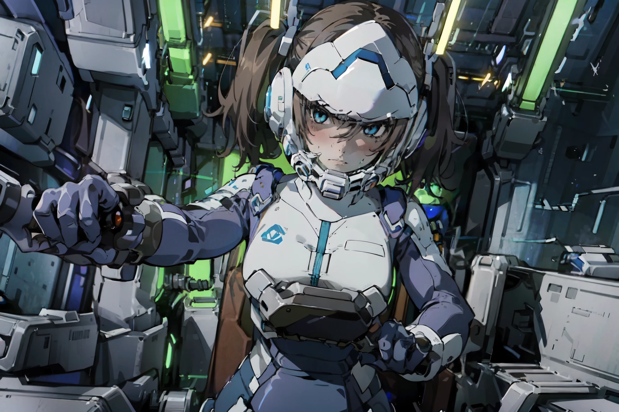 "In a futuristic cockpit, a beautiful girl with light brown hair tied up in twintails captivates with her noble temperament. Her eyes, vibrant purple and highly detailed, wore a furious expression on her face. She wears a white helmet covering her face while mechanical buttons surrounding her add a futuristic touch. The scene is bathed in a purple hue, accentuating the girl's captivating presence. The lighting creates a sense of depth and adds an ethereal glow to the entire composition. This artwork is of the best quality, with ultra-detailed features and a photorealistic style that brings the girl and her surroundings to life."