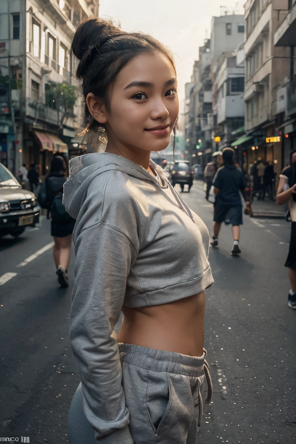 ( young Malay girl:1.3), Malay Face, (just a sweatshirt, baggy sweatpants), (hair in a bun:1.4), (Details of a very beautiful face), detailed skin texture, (Best quality:1.4), permission 8k, A high resolution, (фотоrealistic, A high resolution:1.4), Raw photo, (realistic, Photorealistic:1.37), Lip gloss, parted lips, Nose, realistic,on the streets(people in the background),Cinematic lighting, Greasy face, fat body, smiling