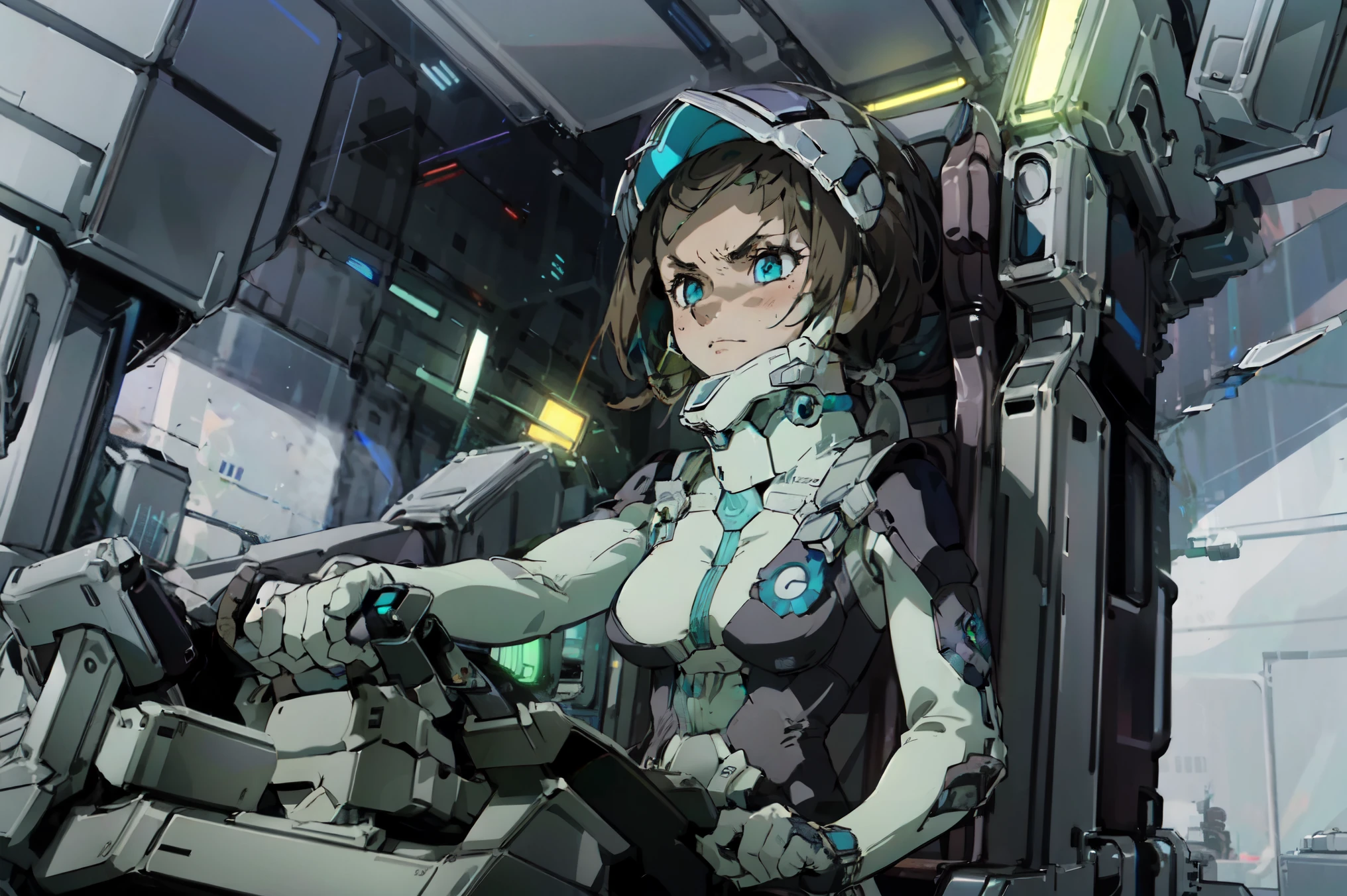 "In a futuristic cockpit, a beautiful girl with light brown hair tied up in twintails captivates with her noble temperament. Her eyes, vibrant purple and highly detailed, wore a furious expression on her face. She wears a white helmet covering her face while mechanical buttons surrounding her add a futuristic touch. The scene is bathed in a purple hue, accentuating the girl's captivating presence. The lighting creates a sense of depth and adds an ethereal glow to the entire composition. This artwork is of the best quality, with ultra-detailed features and a photorealistic style that brings the girl and her surroundings to life."