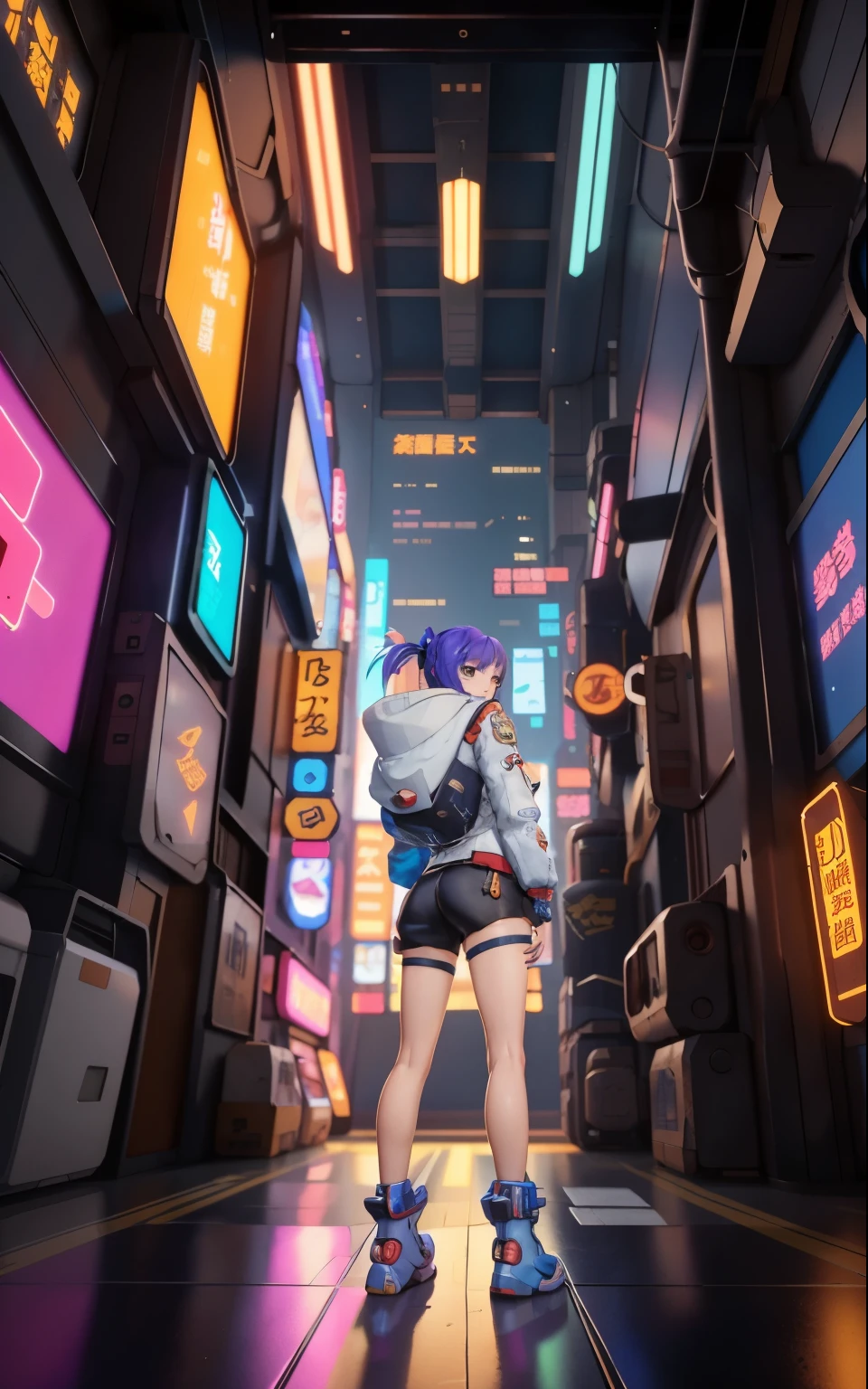 Anime girl in short shorts and jacket standing next to a giant robot, artwork in the style of Gweiz, cyberpunk anime girl mecha, trending on cgstation, Gweiz, Written by Russell Dongjun Lu, digital cyberpunk anime art, lost run 8k, Gweiz on artstation pixiv, Girl wearing mechanical cyber armor