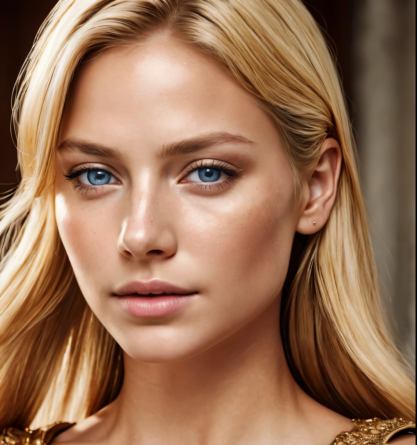 an angel, Gold armor (masterpiece, Best quality, a high resolution:1.4), 1 girl, an angel, skin pore texture, blonde hair, HD , photo, movie, Cinematic, whole body, Realistic, (8K, raw photo, Best quality, masterpiece:1.2), (Realistic, photo-Realistic:1.33), Best quality, detailed blue eyes, Cute,daylight, depth of field, granularity, Wrinkled skin, Spicy, detailed and Realistic portrait of a woman ,(freckles:0.5)
